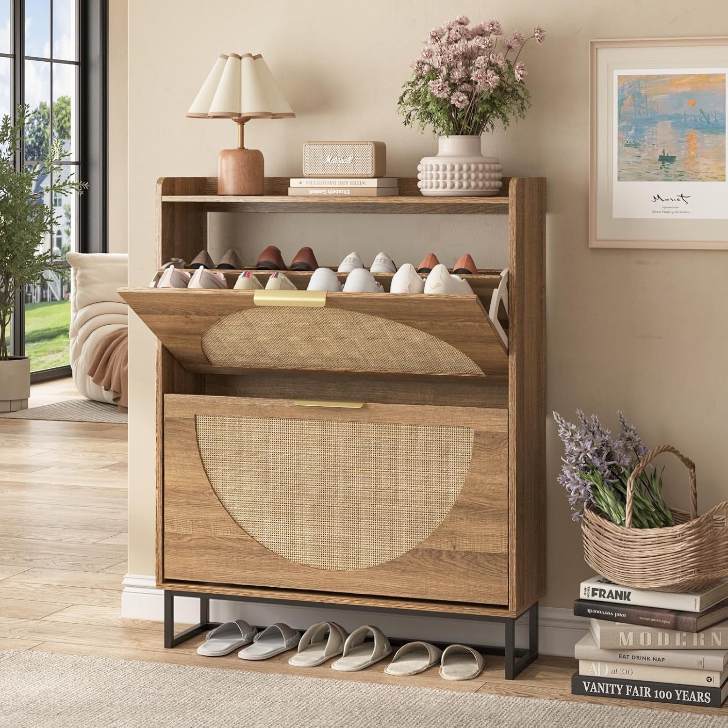 Maupvit Rattan Shoe Storage Cabinet with 2 Flip Drawers, Freestanding Shoe Organizer with Metal Legs for Entryway, Hidden Golden Handles, Narrow Shoe Rack Cabinet, Rustic Oak Rattan