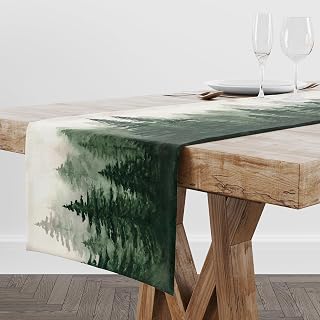 Green Forest Pine Trees Table Runner,Woodland Tabletop Scarf Home Holiday Kitchen Dining Table Decoration for Home Party Decor,(13x36) 1 Piece