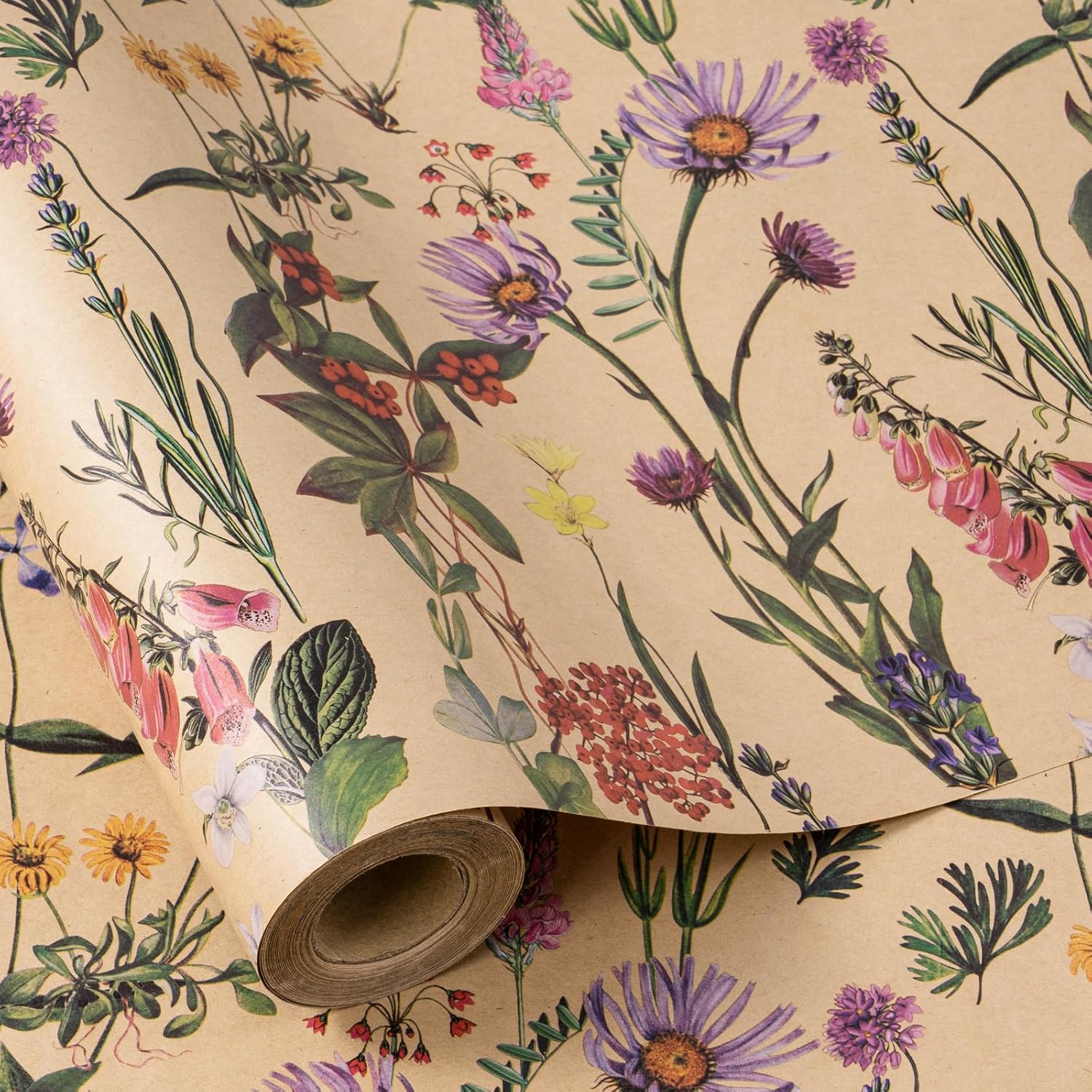 RUSPEPA Wildflower Floral Wrapping Paper Roll for Women, 17 Inches x 16. 4 Feet, Mini Roll, Herbal Kraft Wrapping Paper for Christian Gifts, Birthdays, Weddings, Bridal Shower and Engagement