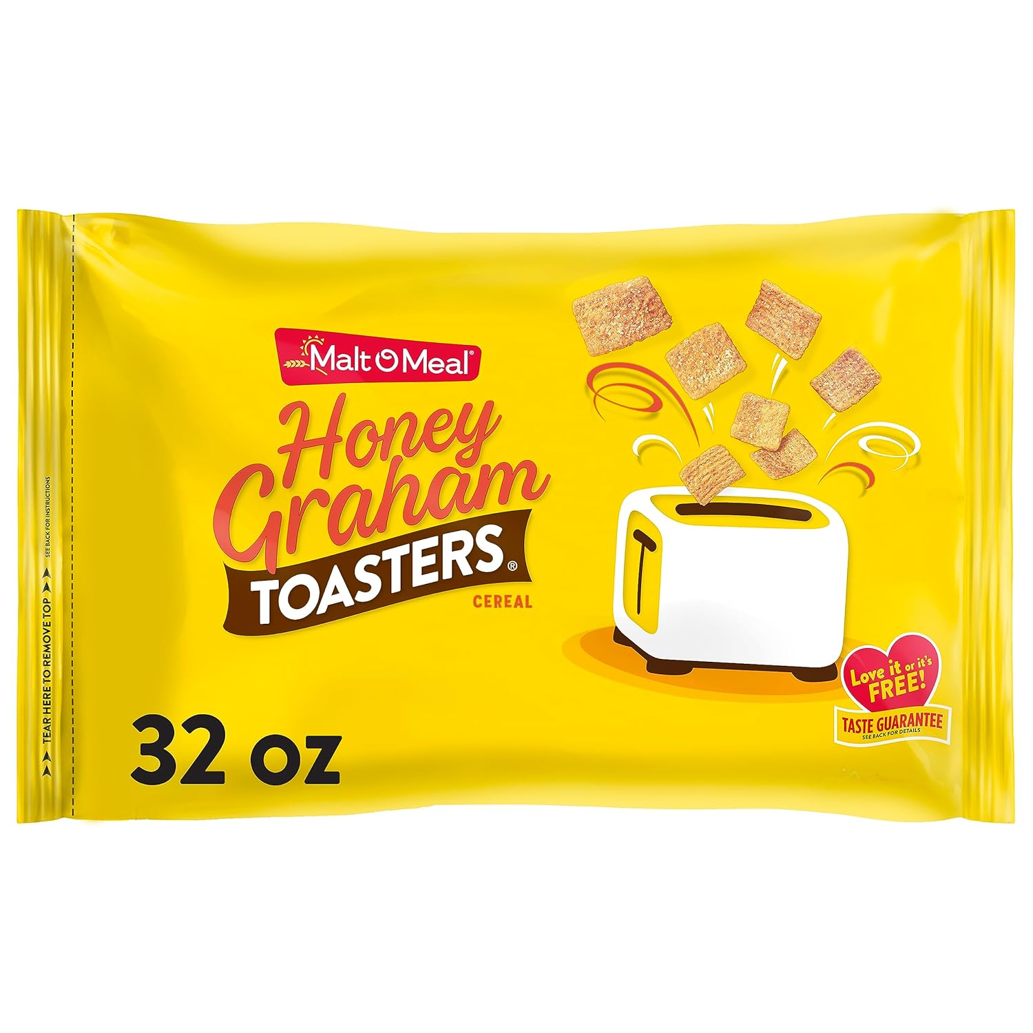 Malt-O-Meal Honey Graham Toasters Breakfast Cereal, Honey Graham Cereal Squares, Super Size Bagged Cereal, 32 OZ Resealable Cereal Bag