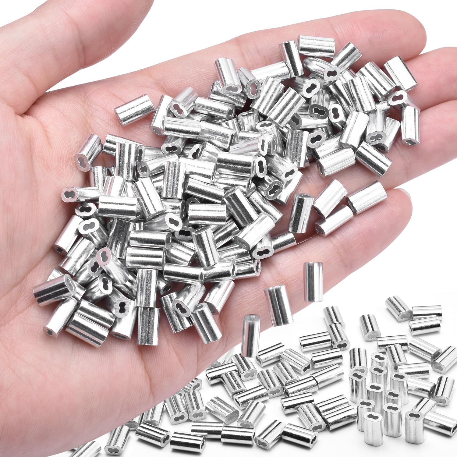 CooBigo 250Pcs 1/16""Cable Crimp Sleeves, Aluminum Wire Rope Crimping Loop Sleeve. Cable Ferrules for Cable and Wire Rope Crimp Double Barrel Crimp Sleeves (M1.5-1/16"")
