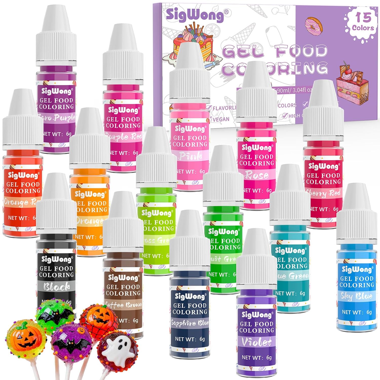 Gel Food Coloring - 15 Colors Flavorless Gel Based Food Color Dye, Vibrant Edible Concentrated Food Coloring for Cake Cookie Decorating, Easter Egg, Icing, Fondant, Baking, Macaron (6g/Bottle) - Vegan