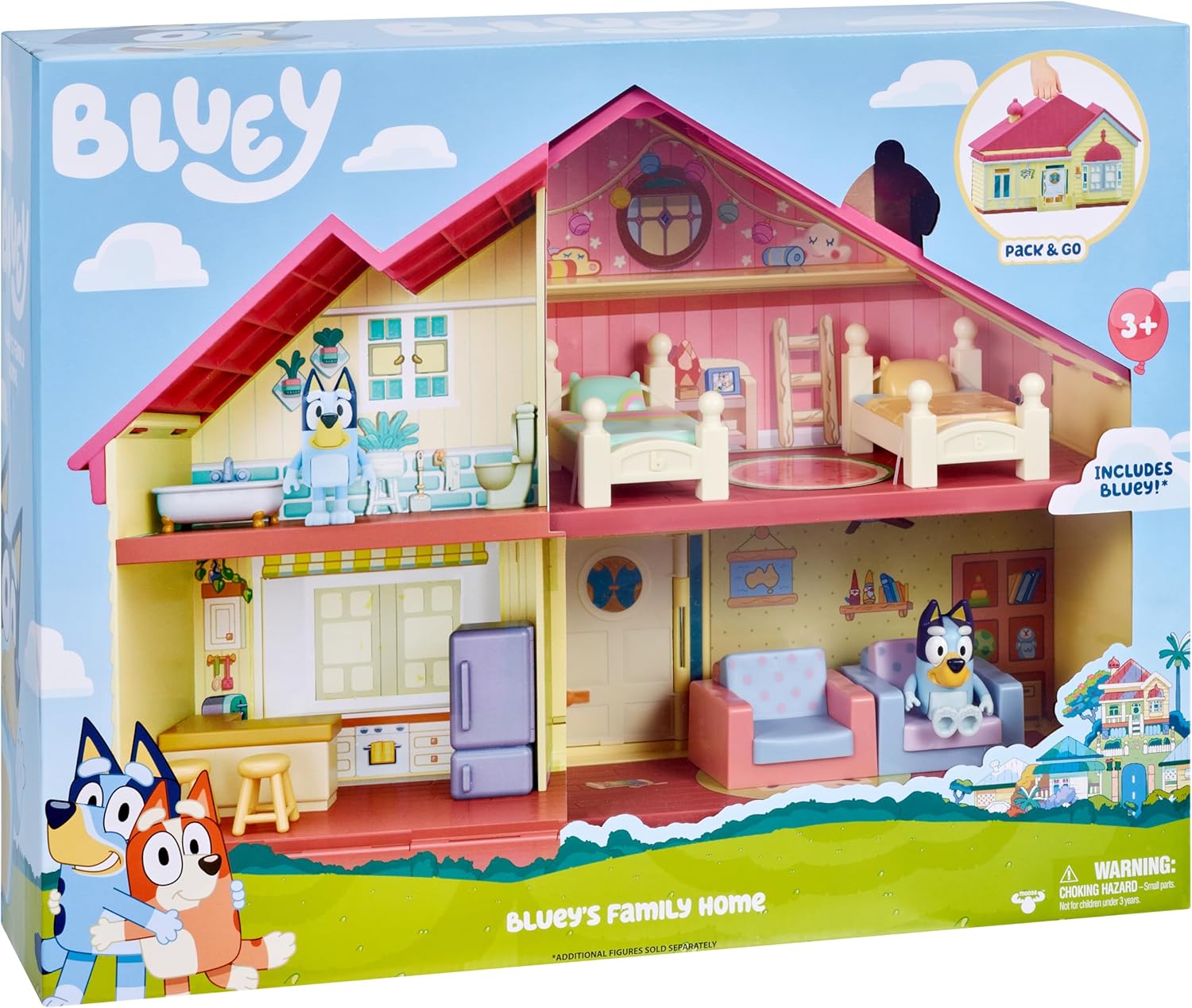 Bluey Heeler Family Home Play Set: 1 Official Collectable Action Figure, Large Playhouse Playset 4 Rooms, Furniture Accessories and Pull Down Patio