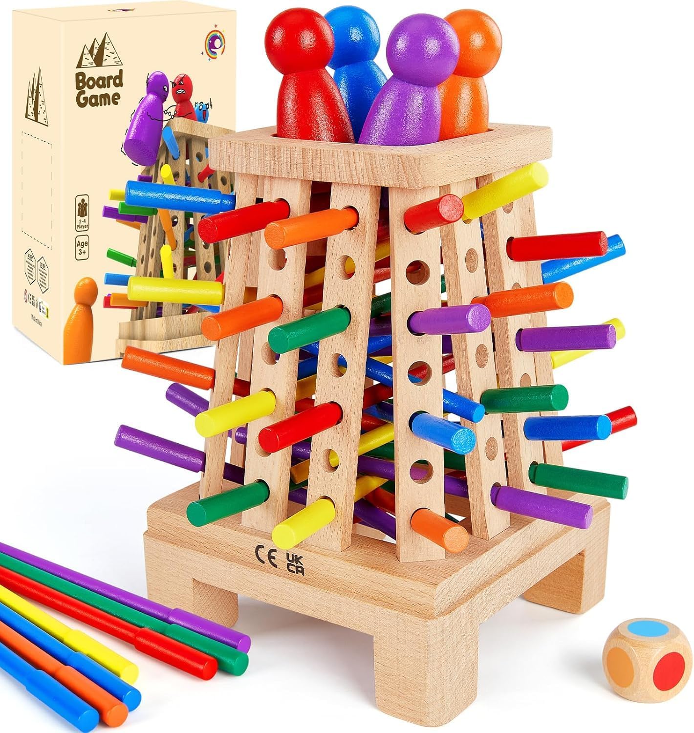 Wooden Board Game Montessori Toys, Colourful Sticks and Dice Game Kids Math Educational Toys, Family Travel Games for 1-4 Players, Children Fine Motor Skills Games for 3 4 5 6 Years Olds Boy Girl