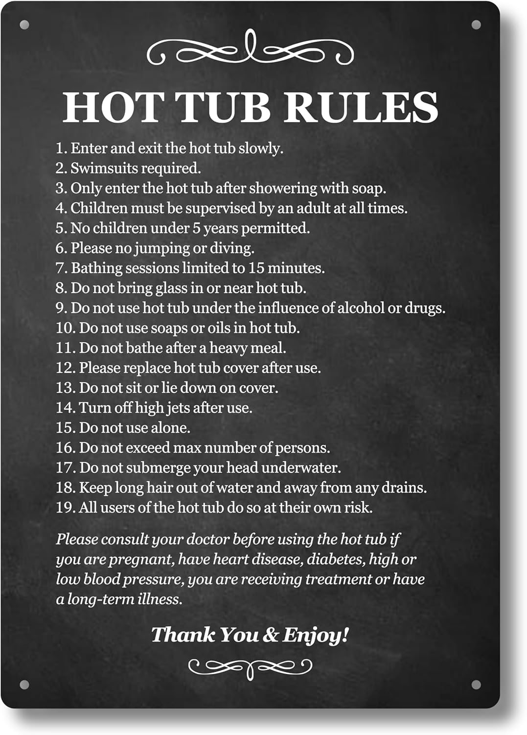 Hot Tub Rules - Black & White/Blue & White Sign for outdoor use with a list of health and safety points about using a hot tub. ideal for use in holiday accommodation (Black)