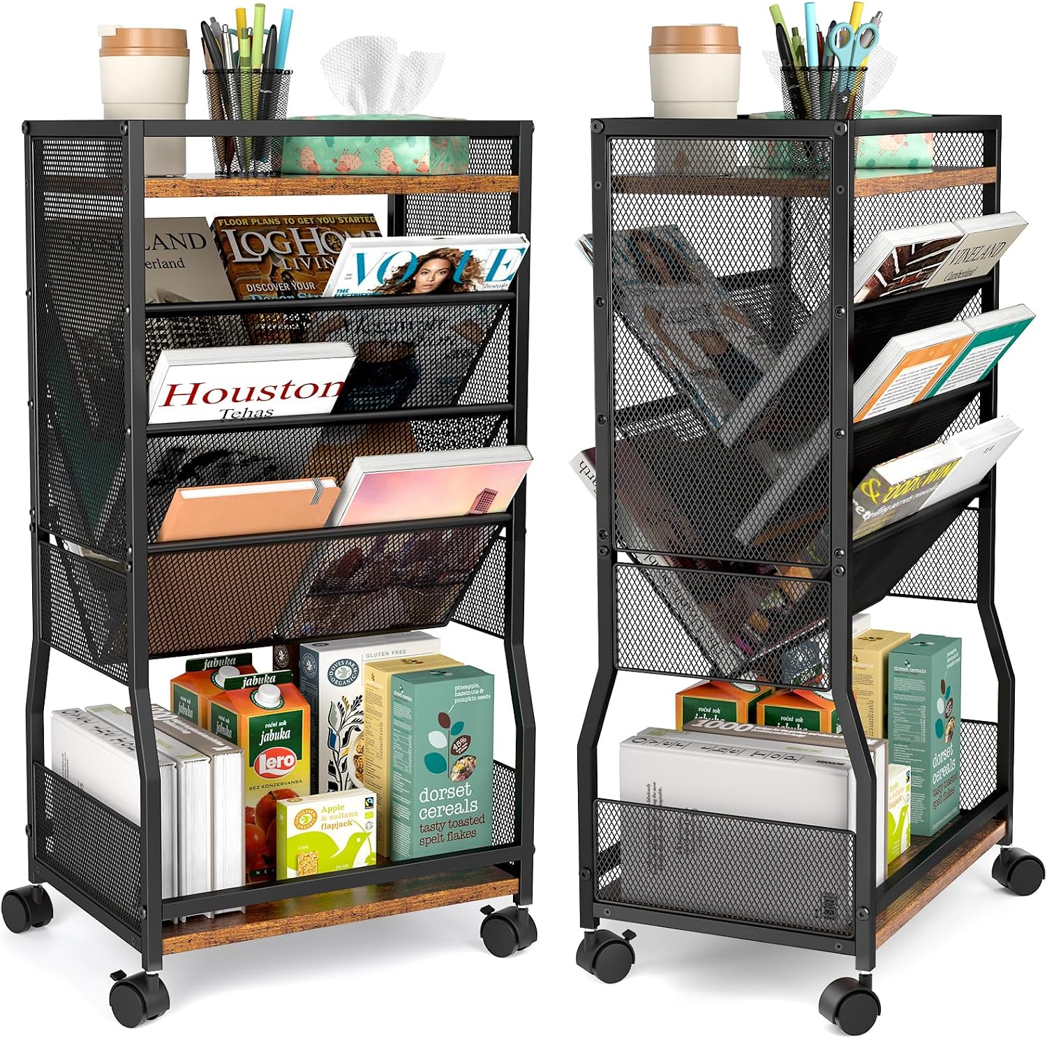 DAOUTIME 8 Tier Rolling Book Cart with Wheels, Mobile Book Storage Cart with 2 Sides Access Bookcase for Narrow Space, Rolling File Organizers and Storage for Home Office Living Room Classroom School