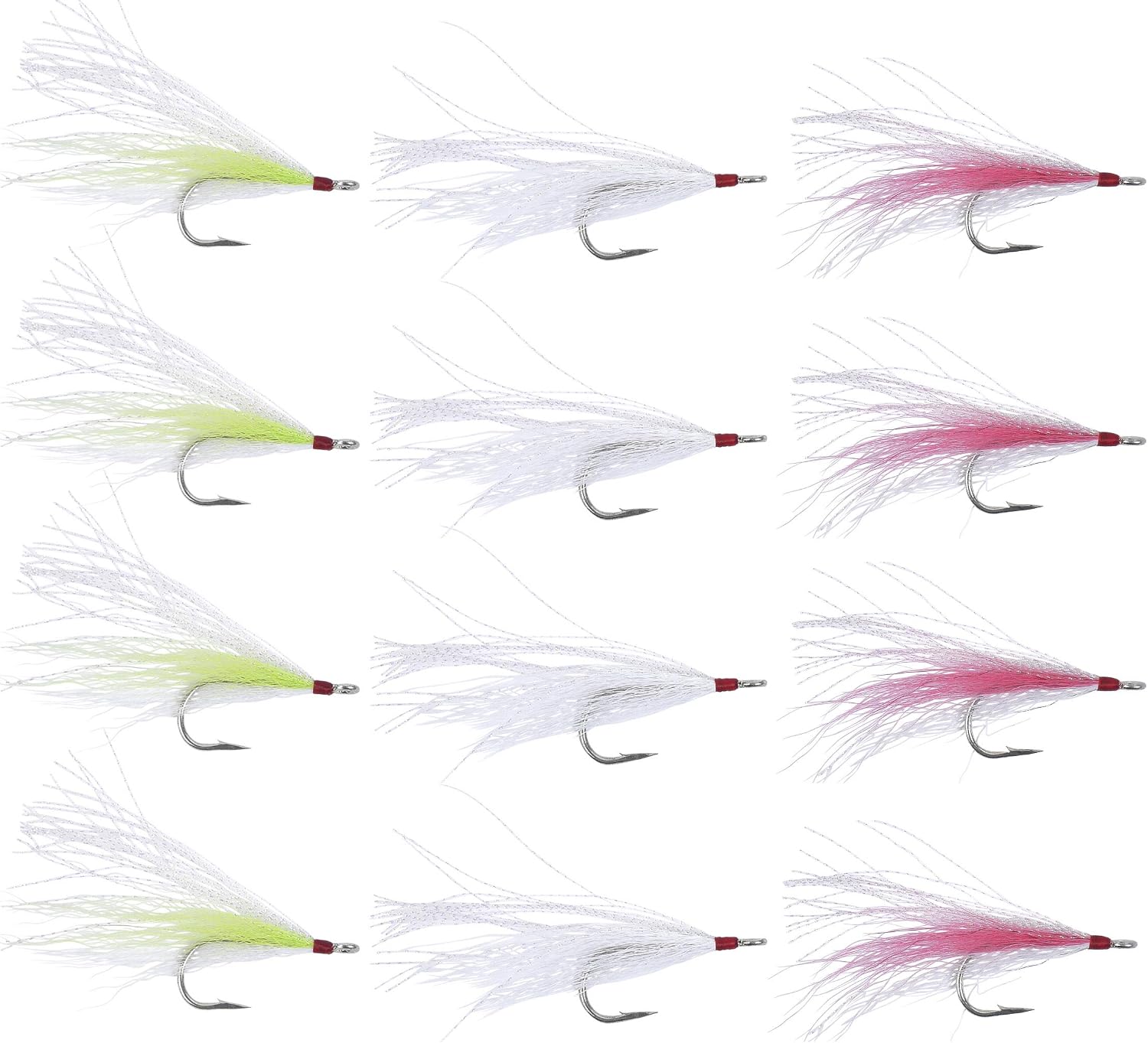 Bucktail Teasers 12-Pack – Saltwater Fishing Lures with Mylar Flash, 5/0 Hook, for Striped Bass, Fluke, Flounder & Sea Bass