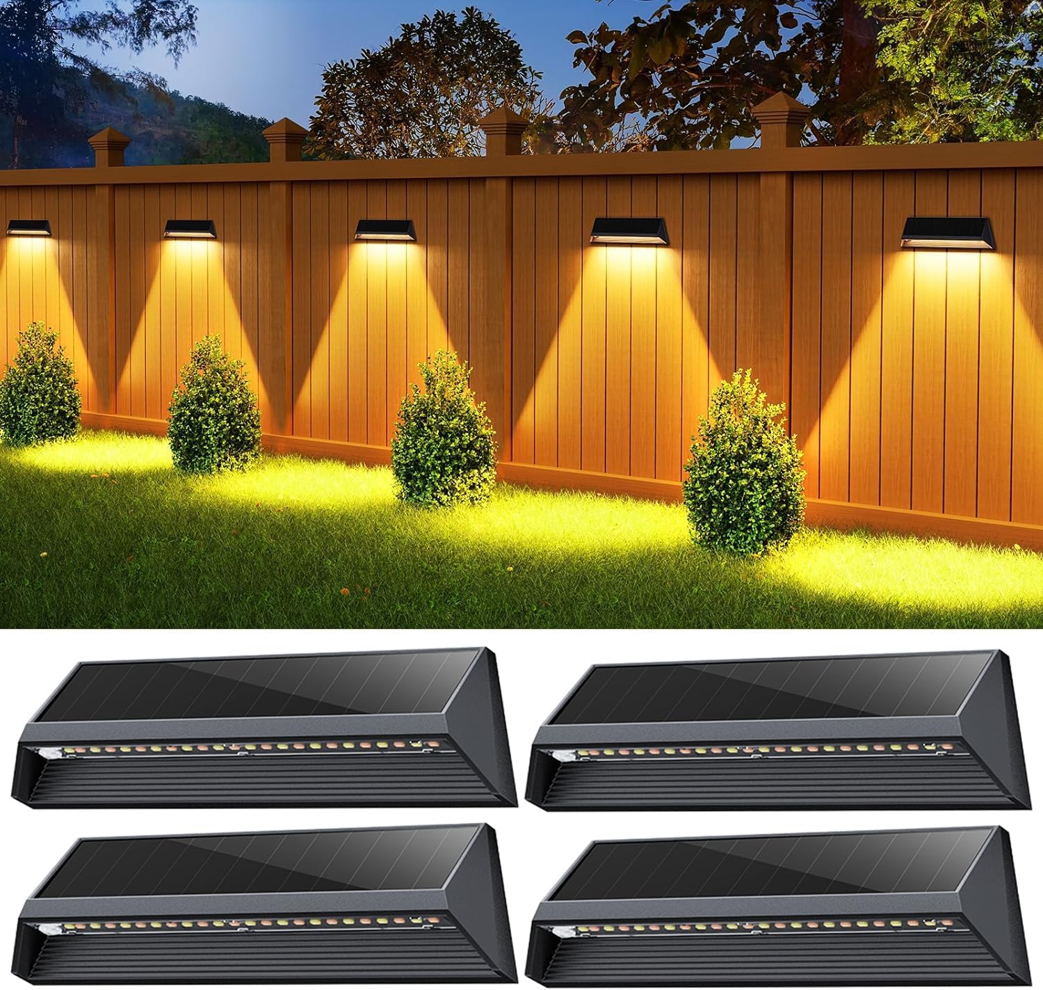 LETMY Solar Fence Lights Outdoor, 3X Bigger & Brighter Fence Lights Solar Powered, 3 Modes IP67 Waterproof Solar Wall Lights, Auto On/Off Solar Deck Lights for Outside Yard Step Pool Patio Porch/4Pack