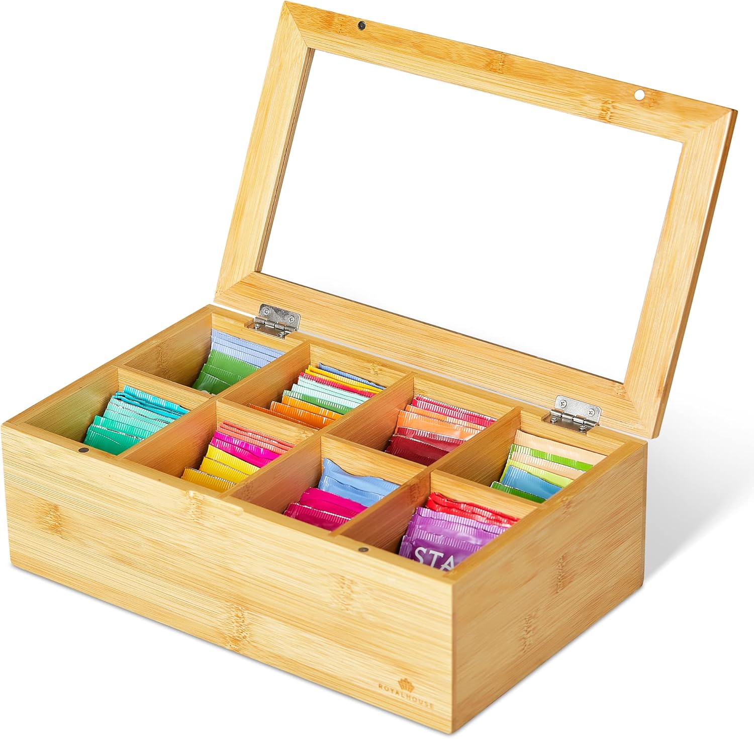 RoyalHouse Big Natural Bamboo Tea Storage Organizer with Clear Acrylic Top Window, 8 Compartments Eco-Friendly Tea Bag Holder, Multi-Functional Storage Box