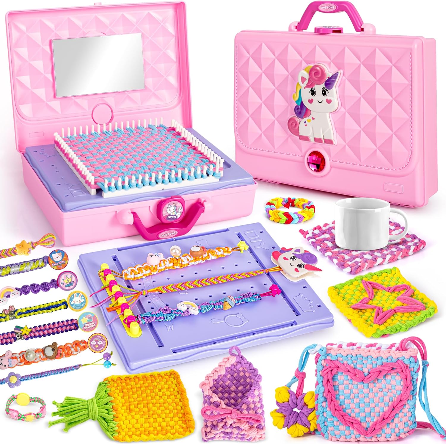 Nicella 2 in 1 Friendship Bracelet Making Kit for Girls,Weaving Loom Kit Toys, Craft Kits for Kids,Age 6-12 Year Old Girls Gifts Ideas, Bracelet & Coaster & Bag Weaving Making kit