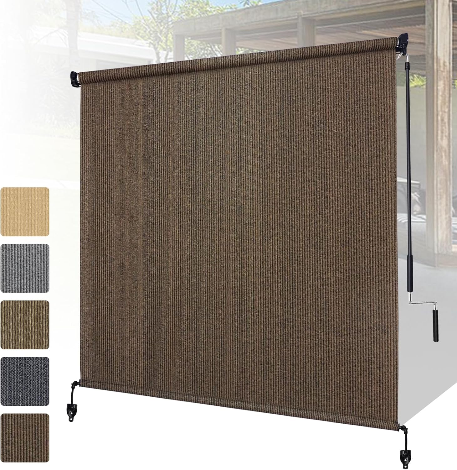 Shade&Beyond Outdoor Roller Shades with Splicing Design, 8' W x 8' H Cordless Patio Roll Up Blinds, Exterior Shade Cloth Roll for Porch, Gazebo, Pergola, Balcony, Mocha