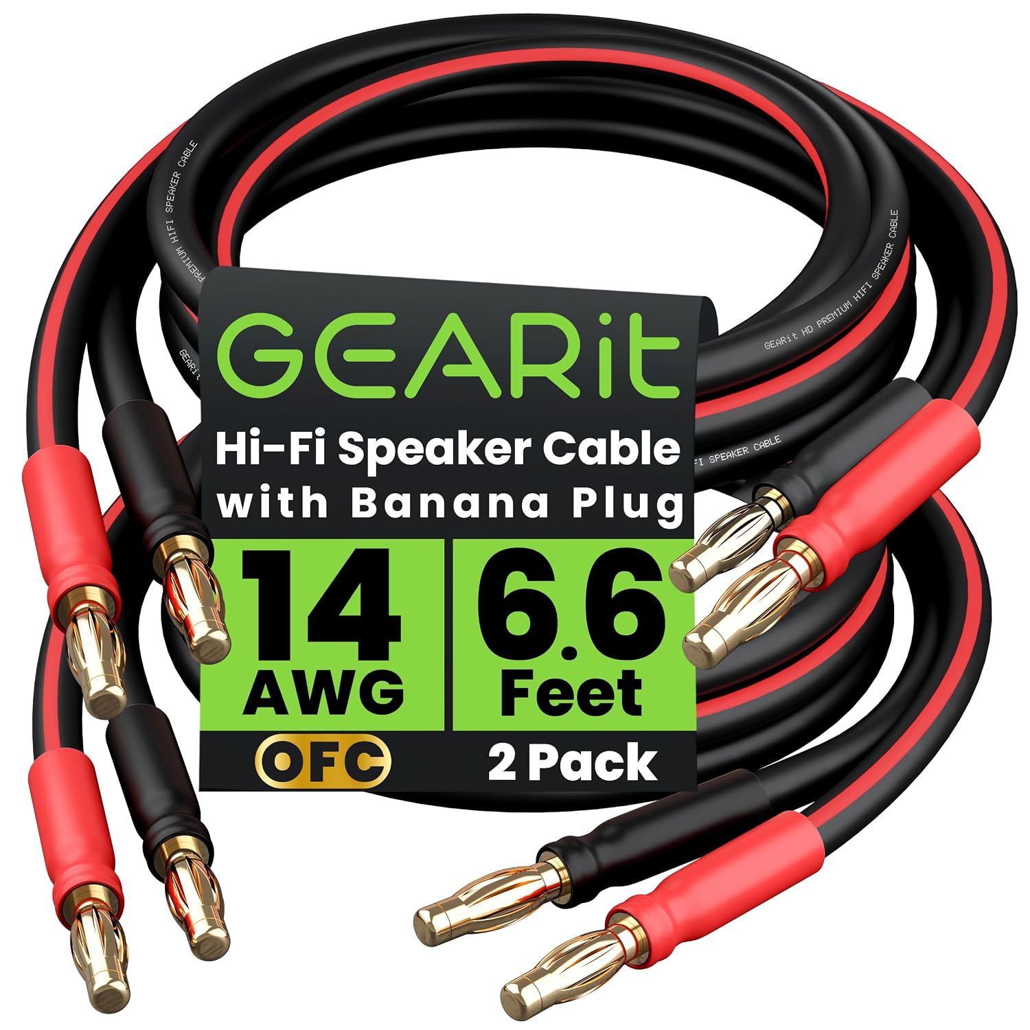 GEARit 14 Gauge OFC Speaker Wire with Banana Plugs, 2 Pack 6.6 ft Each