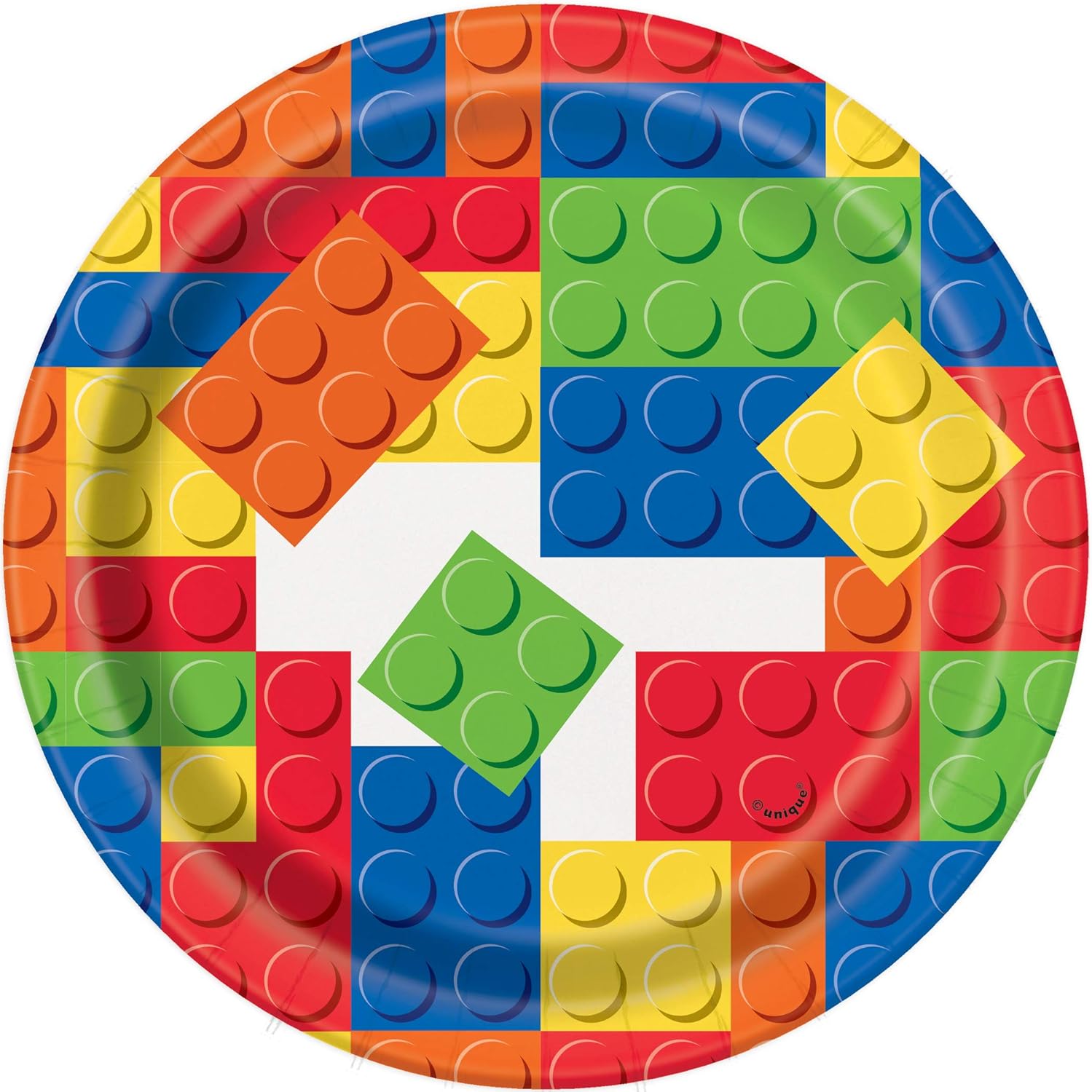 Unique 58234EU Eco-Friendly Paper Plates-18 cm-Building Blocks Birthday Party-8 Count (Pack of 1), Multicolour