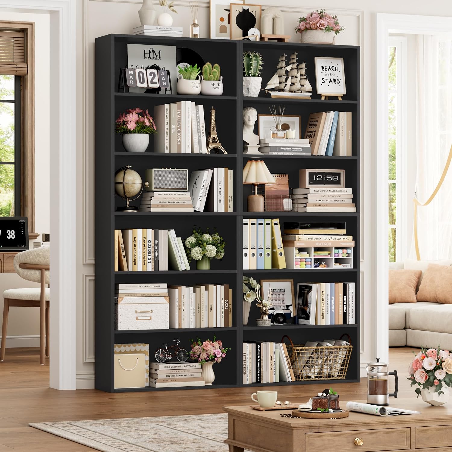FOTOSOK 6 Tier Tall Bookshelf and Bookcase, Open Display Shelves, Black 2PK