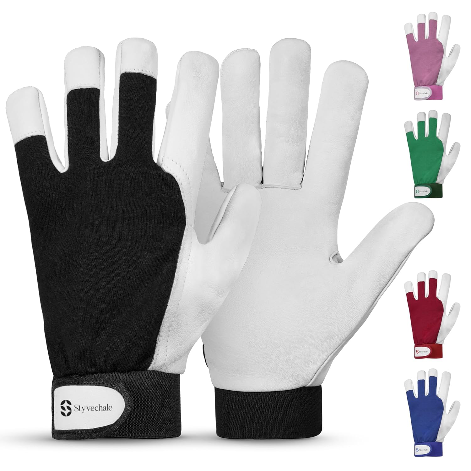 Gardening Gloves for Men & Women, Leather Palm & Breathable Spandex Back, Thorn-Proof Gardening Gloves, Multipurpose Safety Gloves for Mechanics, Warehouse, Driving, Digging, Landscaping (Black, S)