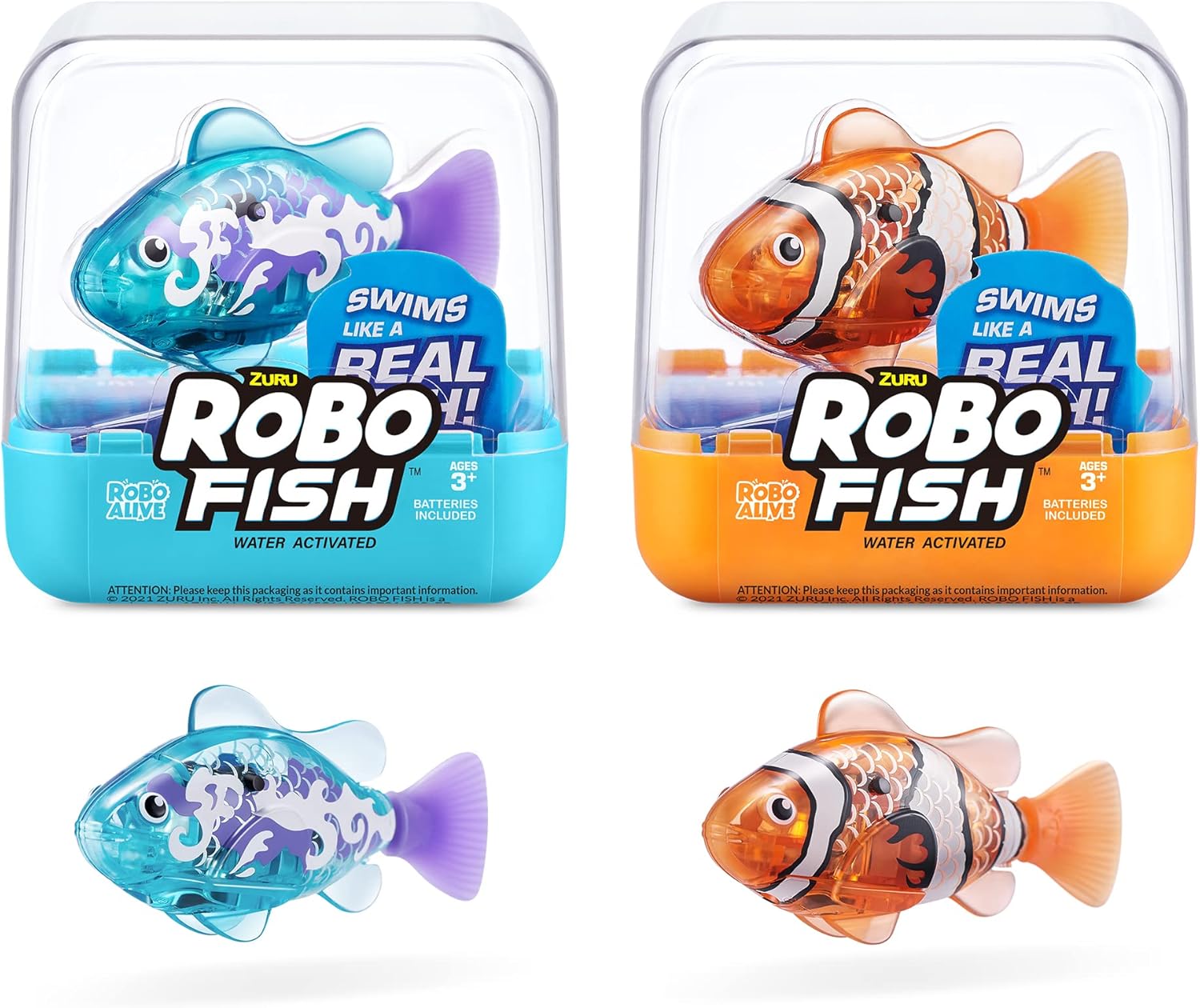 Robo Fish Series 3 Robotic Swimming Fish (Orange and Teal) electronic pet fish, summer pool toy, bath toy, (2 Pack, Orange and Teal)