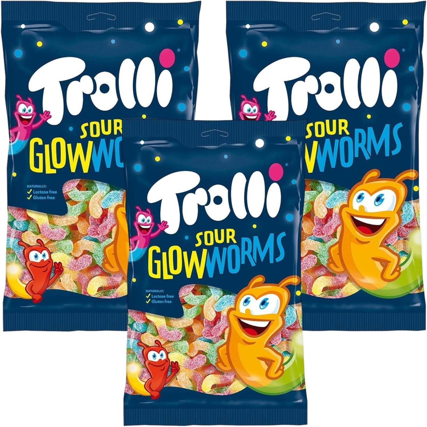 Sour Glowworms Gummy Candy Chewy Sweets Lactose, Gluten Free 6 Fruity Flavours 150g - 3x Share Bags