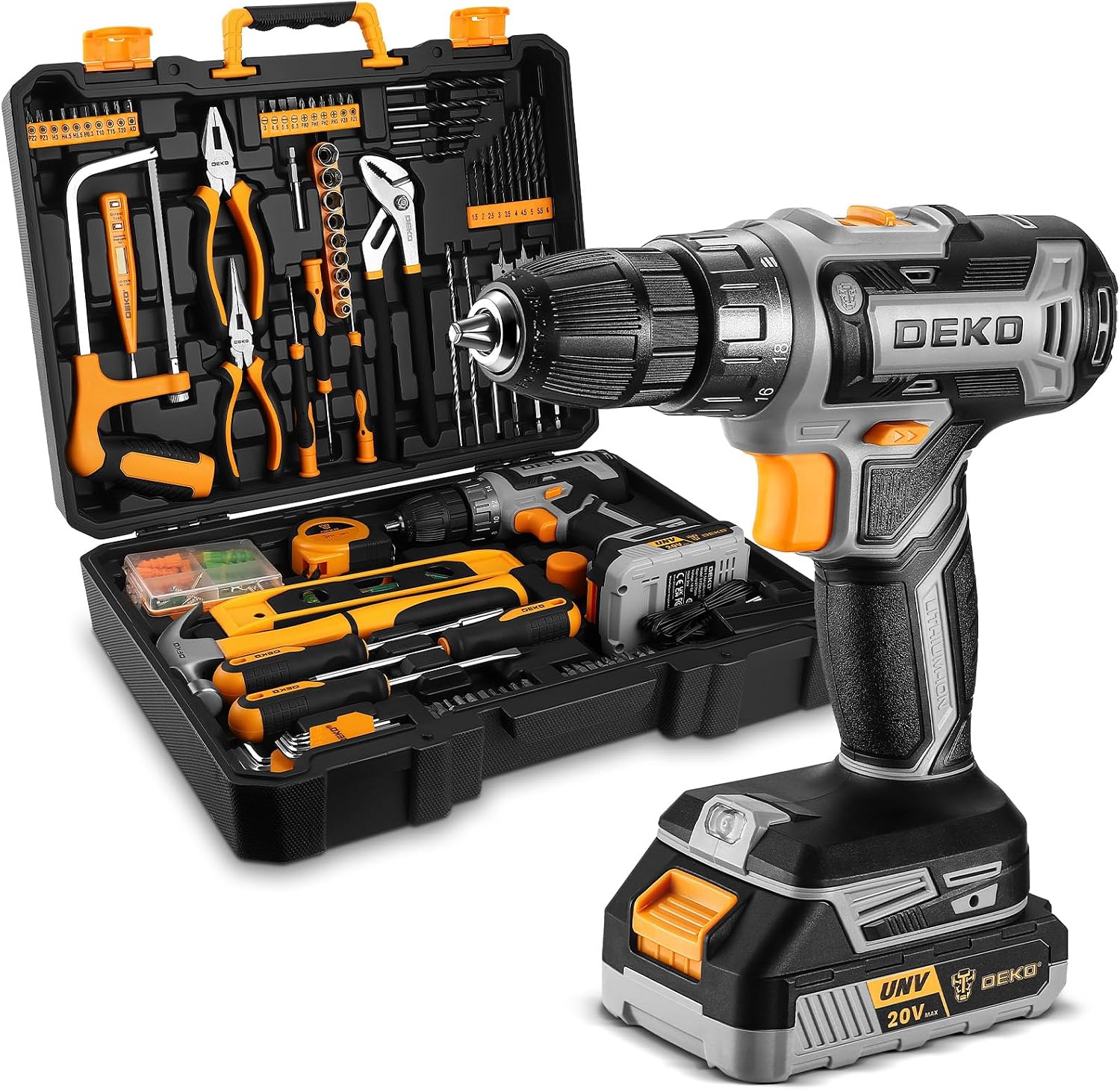 DEKO 186-Pcs Cordless Drill Tool Kit Set with 20V Power Drill