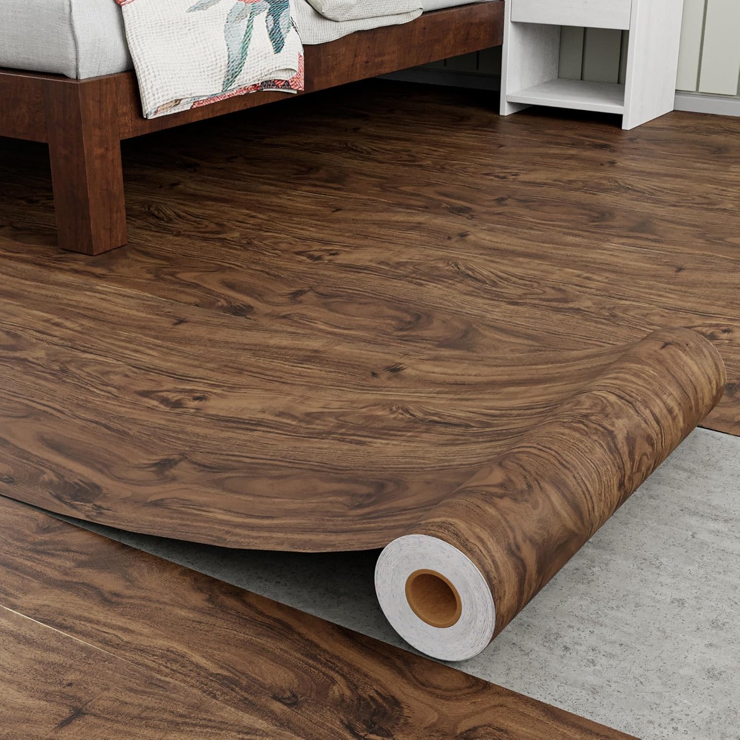 Homease Vinyl Flooring Roll 15.7" W x 118" L/ 12.9 Sq.Ft, Wood Grain Floor Tiles Peel and Stick Waterproof Wear-Resistant Wood Plank Sticker for Any Room, Easy DIY Floor Covering Solutions, Brown