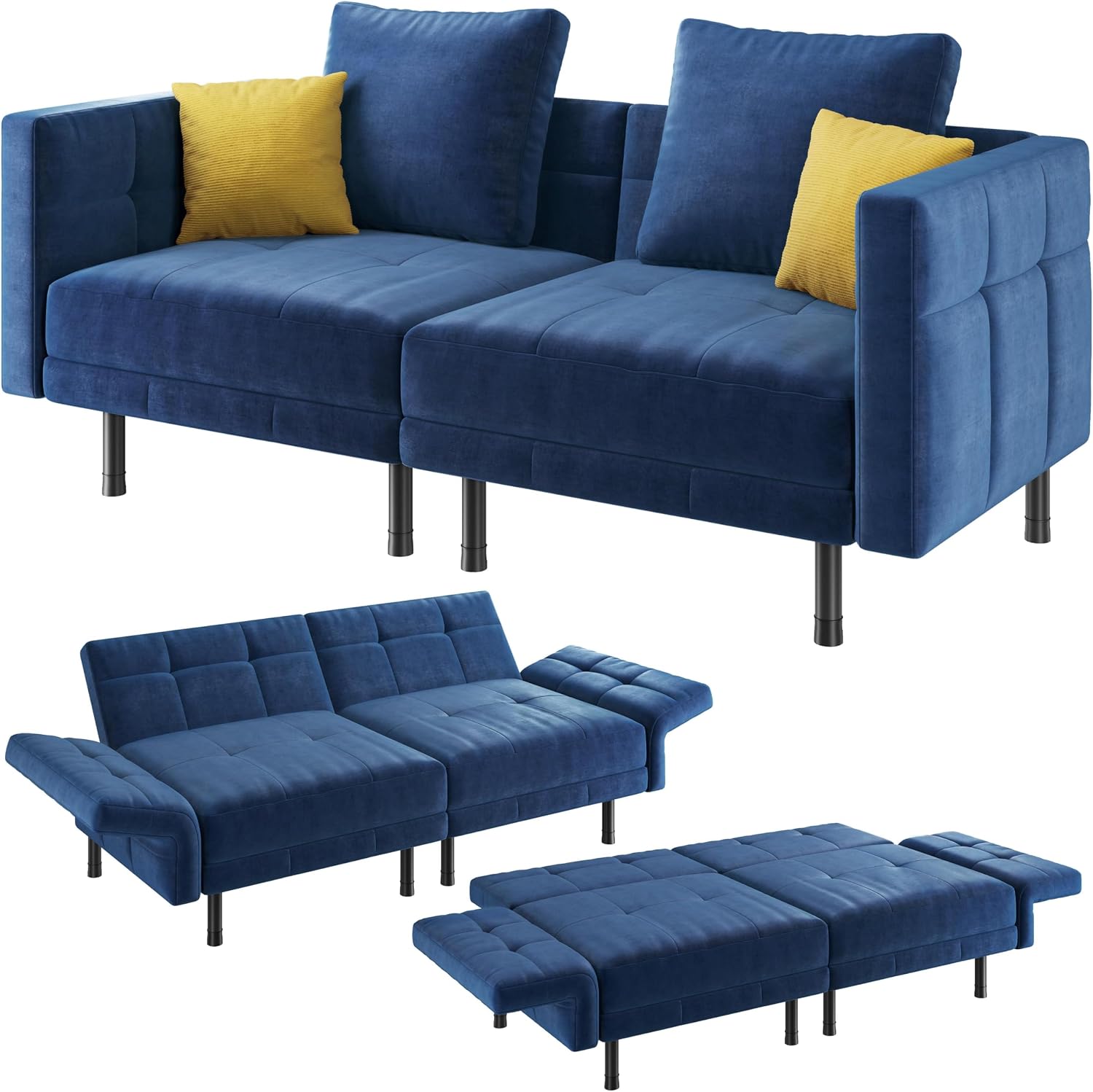 Yaheetech Velvet Sofa Convertible Sofa Bed 2 Seater Futon Couch Sleeper with 4 Pillows, Adjustable Armrests & Backrest for Living Room, Apartment, Home Office, Blue