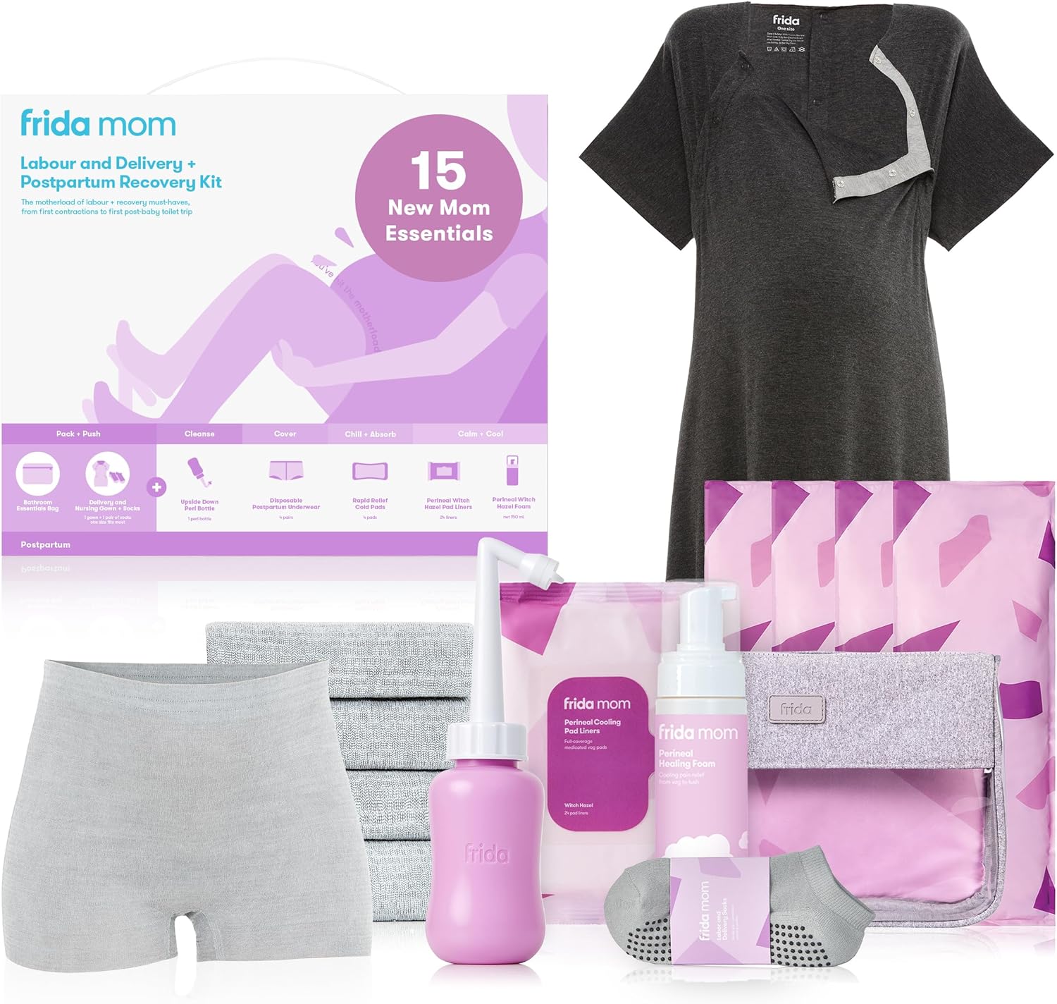 Frida Mom Labour, Delivery, & Postpartum Kit, Baby Shower Gifts, Socks, Peri Bottle, Nursing Gown, Disposable Underwear, Ice Maxi Pads, Pad Liners, Perineal Foam, Toiletry Bag (15pc Gift Set)