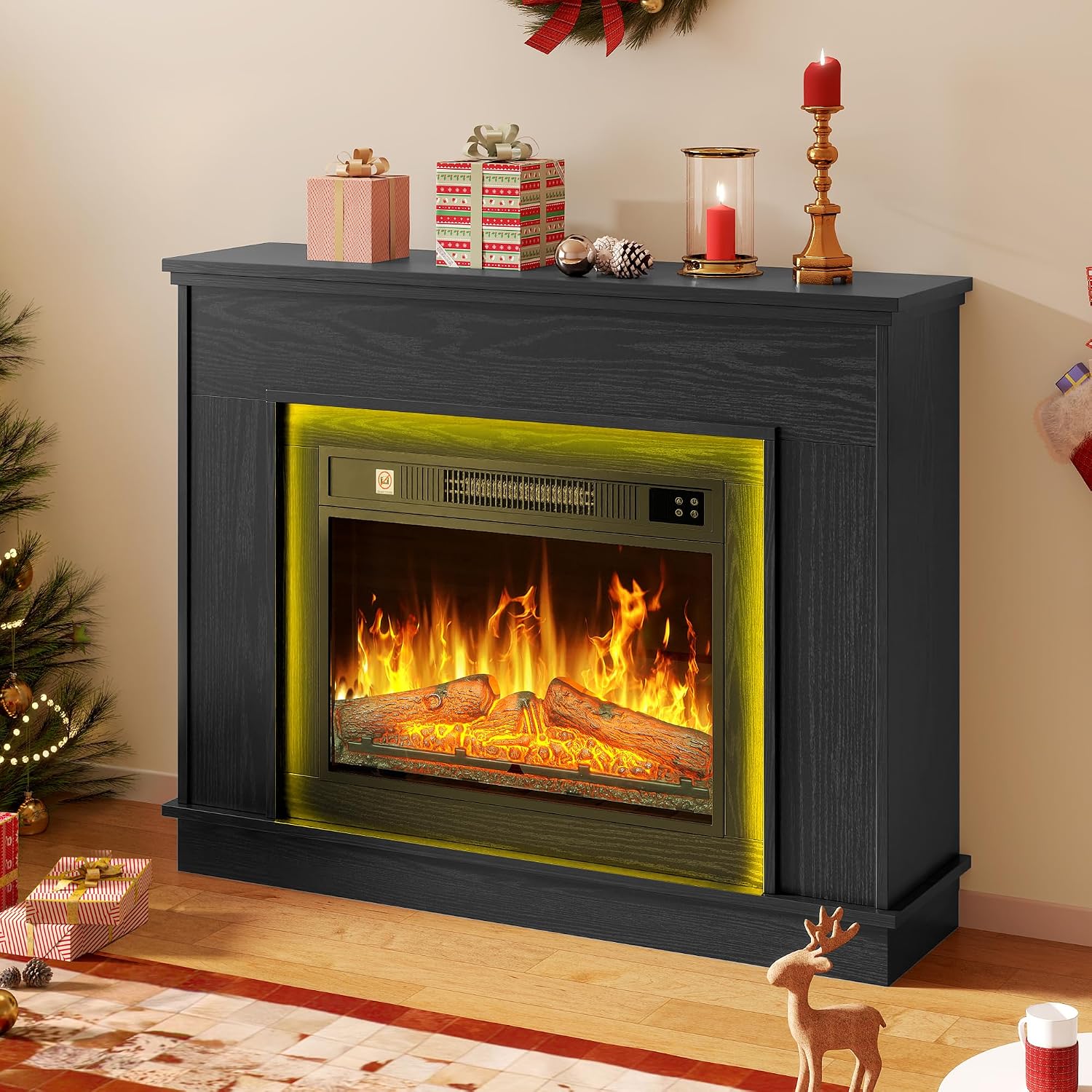 DWVO Electric Fireplace, Electric Fire and Surround Suite 39" and Realistic Flame Effect Fire, FirePlaces Reach up to 30㎡ Space with Programmable Timer and LED Light Strip, 100x26x80.5CM
