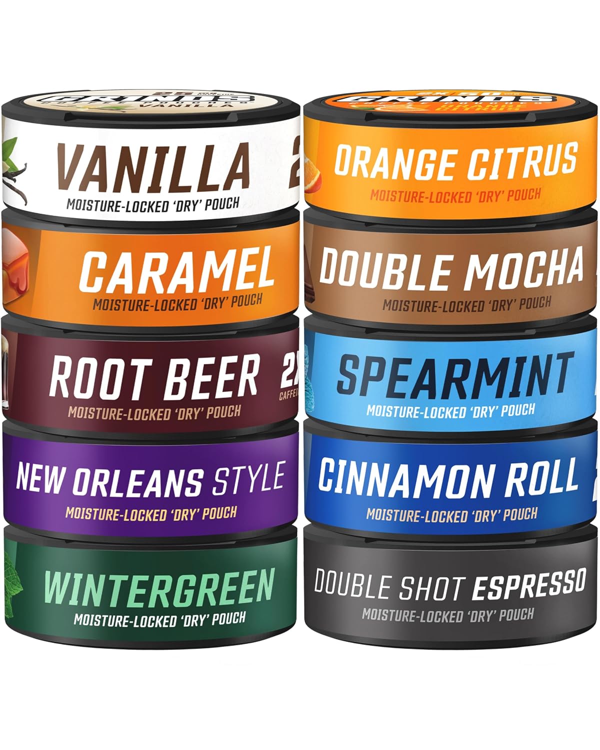 Grinds Coffee Pouches 10-Can Variety Pack | Vanilla, Caramel, Root Beer, Orange Citrus, Double Mocha, Spearmint, Cinnamon Roll, Wintergreen, Double Shot Espresso