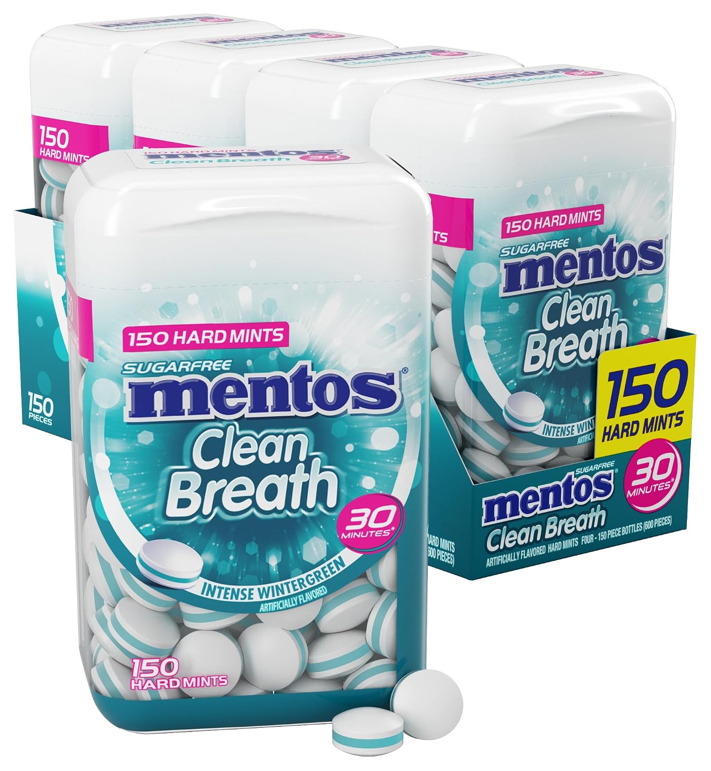 Mentos Clean Breath Hard Mints, Wintergreen, 150 Piece Bottle (4 Pack) | Sugar Free, Green Tea Extract, Perfect for Long Lasting Fresh Breath at School, Work & Travel