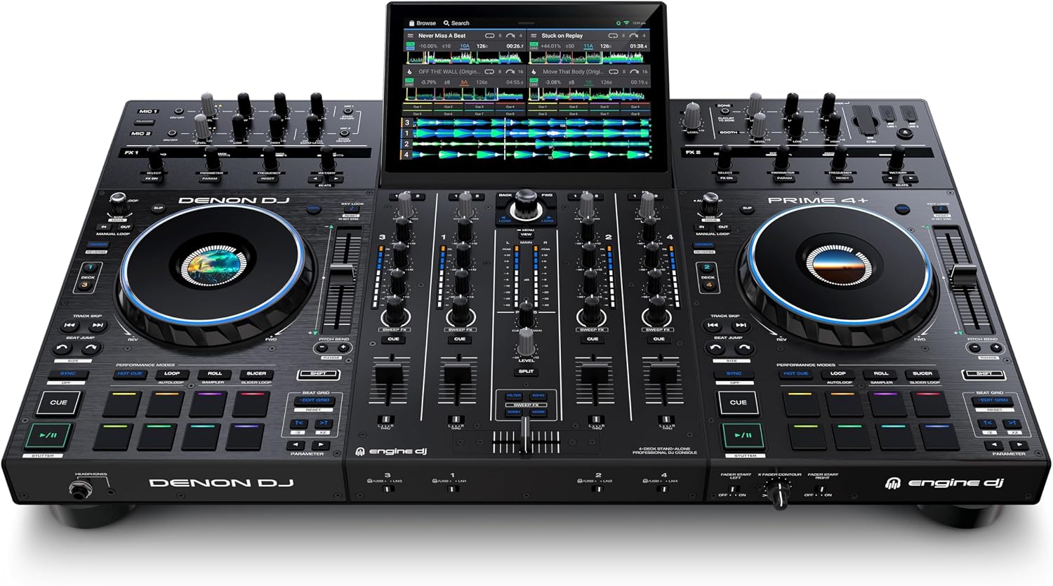 Denon DJ PRIME 4+ Standalone DJ Controller with Stem Separation on 4 Decks, Wi-Fi Streaming, Drop Sampler Mixer, 10.1" Touchscreen, Light Control