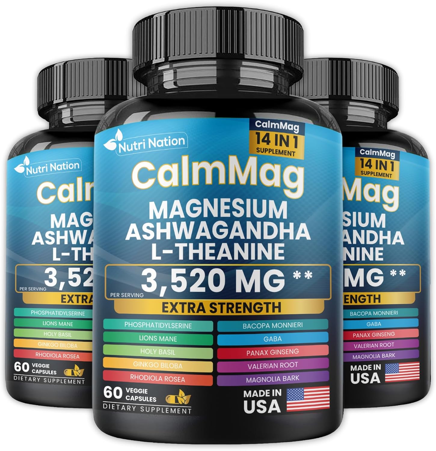 Best Magnesium Glycinate with Ashwagandha and L-Theanine 14 in 1 Supplement 60 Capsules 5 Bottle