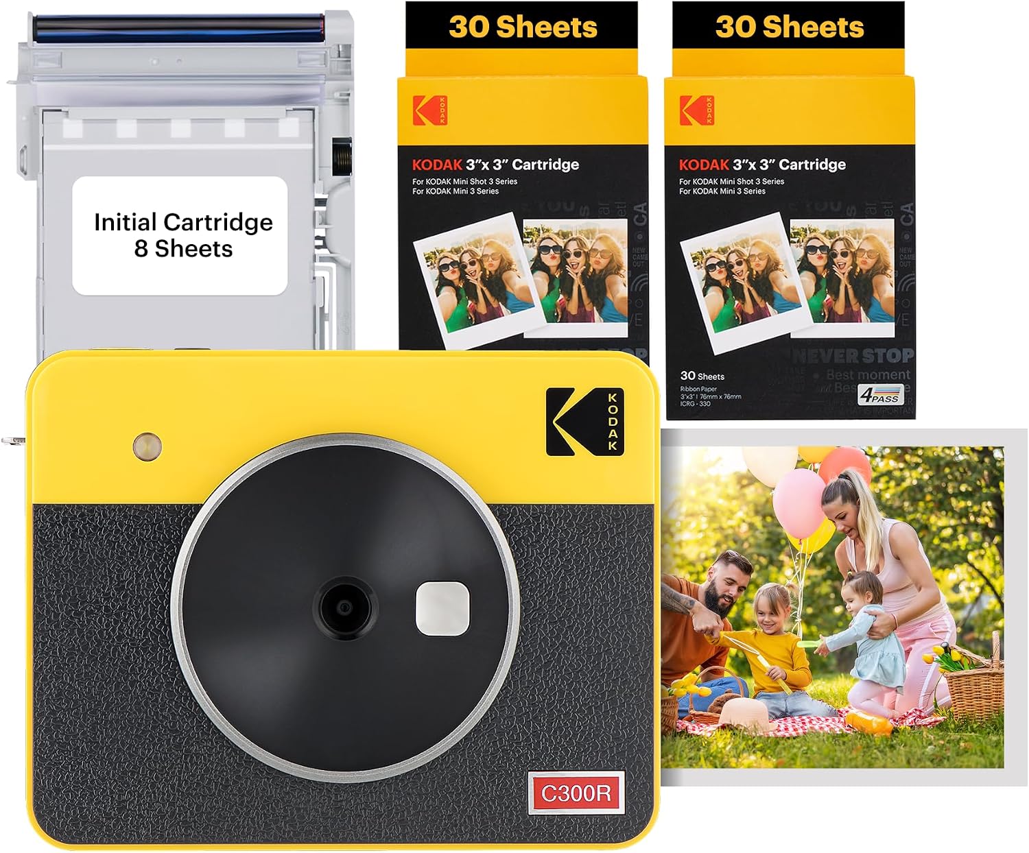 KODAK Mini Shot 3 Retro 4PASS 2-in-1 Instant Digital Camera and Photo Printer (3x3 inches) Initial 8 Sheets + 60 Sheets Cartridge Bundle, Yellow (NOT Zink)
