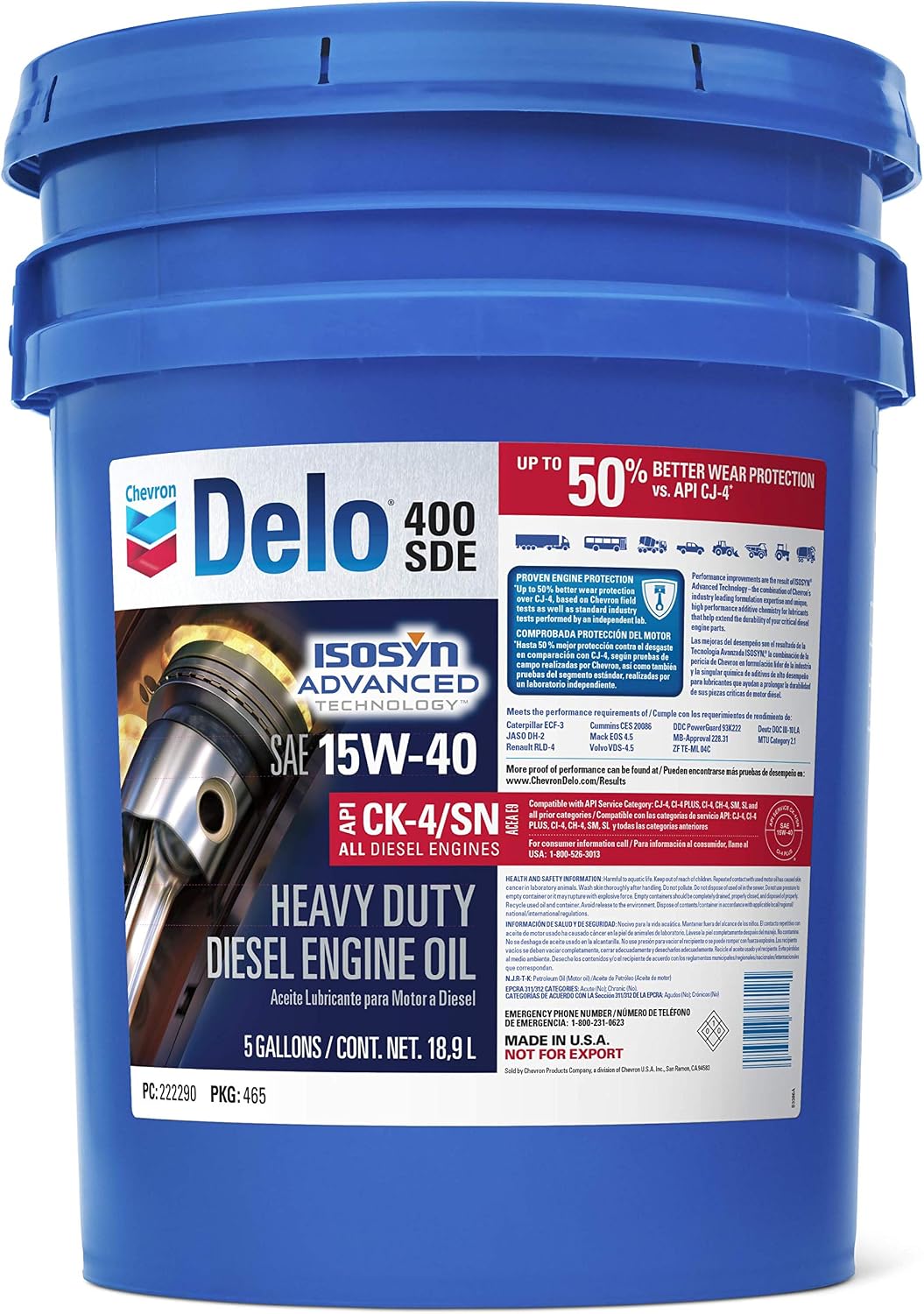 Chevron Delo 222290465 400 SDE SAE 15W-40 Motor Oil - 5 Gallon Pail