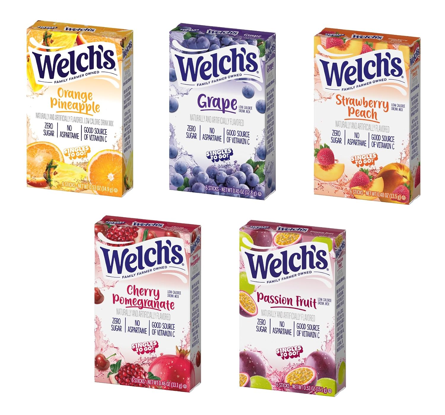 Welch's 5 Pack Variety - One of Each Flavor - Orange Pineapple, Cherry, Grape, Strawberry Peach, and Passion Fruit - Singles To Go