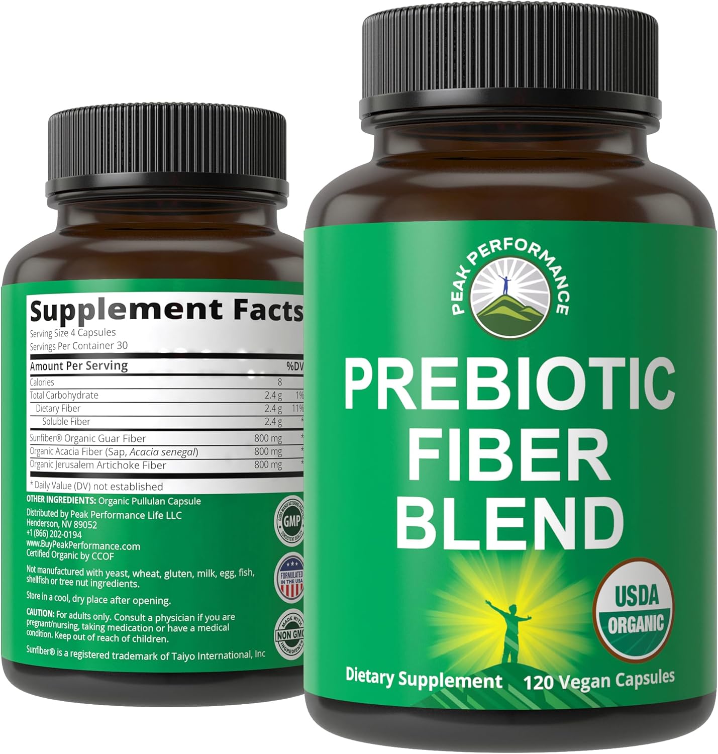 USDA Organic 3-in-1 Prebiotic Fiber - Vegan Capsules for Gut, Digestive Health. Raw Whole Food Plant Based Prebiotics Pills Supplement with Inulin (Jerusalem Artichoke), Acacia Fibers, SunFiber