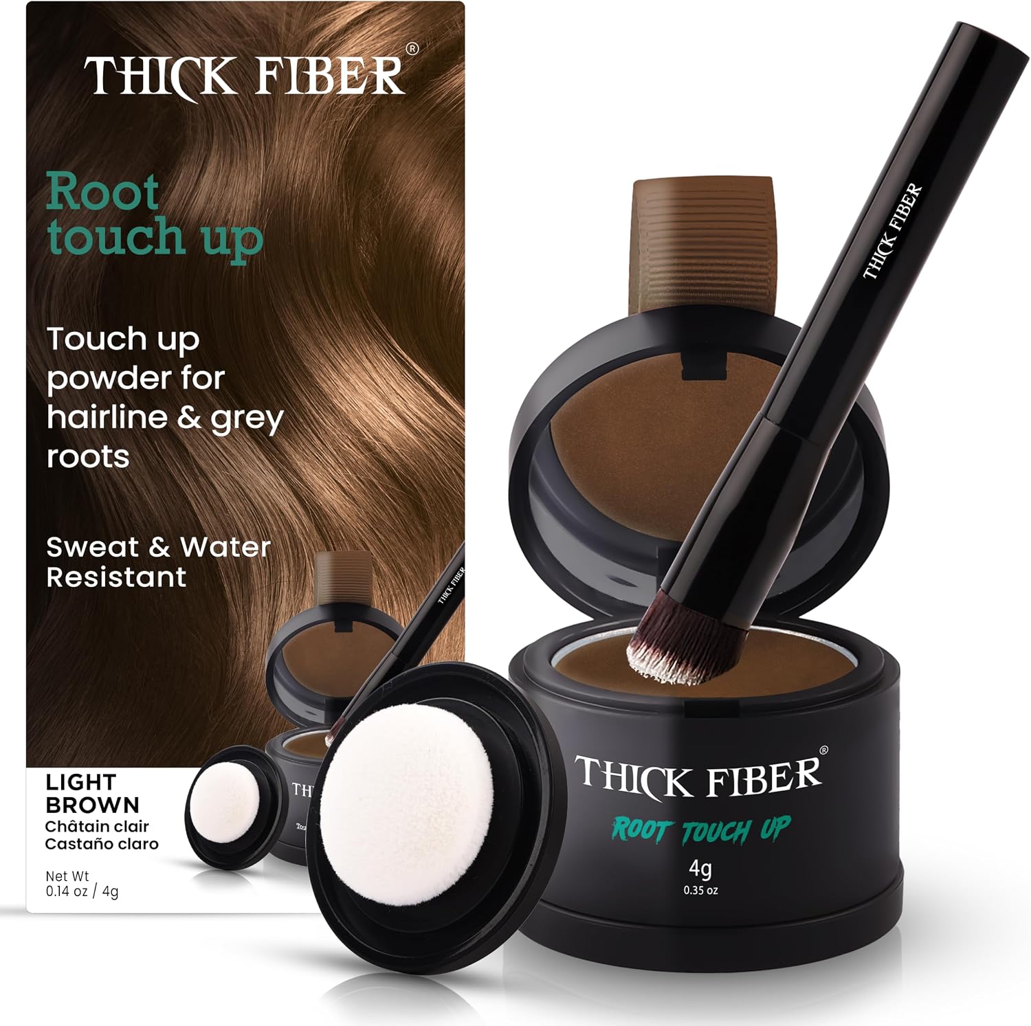 THICK FIBER Root Touch Up & Hairline Powder with Brush 4g – Covers Grey Roots & Thinning Hair – Sweat & Water Resistant – Hair Concealer for Bald Spots & Fill-In (Light Brown) for Women & Men