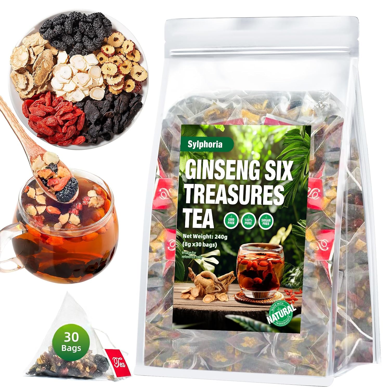 Kidney Tea Formula Ginseng Six Treasure Tea, Traditional Chinese Herbal, Natural Kidney Cleanse tea for Women & Men, 6 Precious Ingredients Formula (1Pack/30Bags)