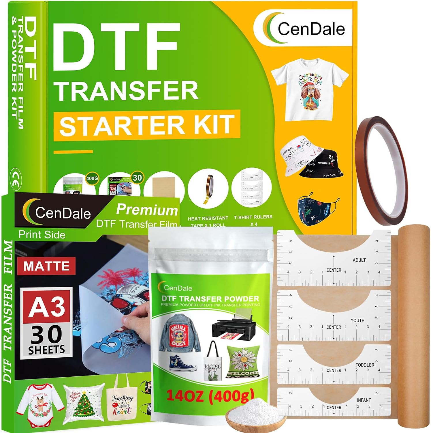 CenDale DTF Transfer Film Powder Kit - 30 Sheets A3 DTF Film for Sublimation, 14oz White Medium DTF Powder, DTF Starter Kit for DTF/Sublimation Printer, Hot & Cold Peel DTF Paper for All Color Fabrics