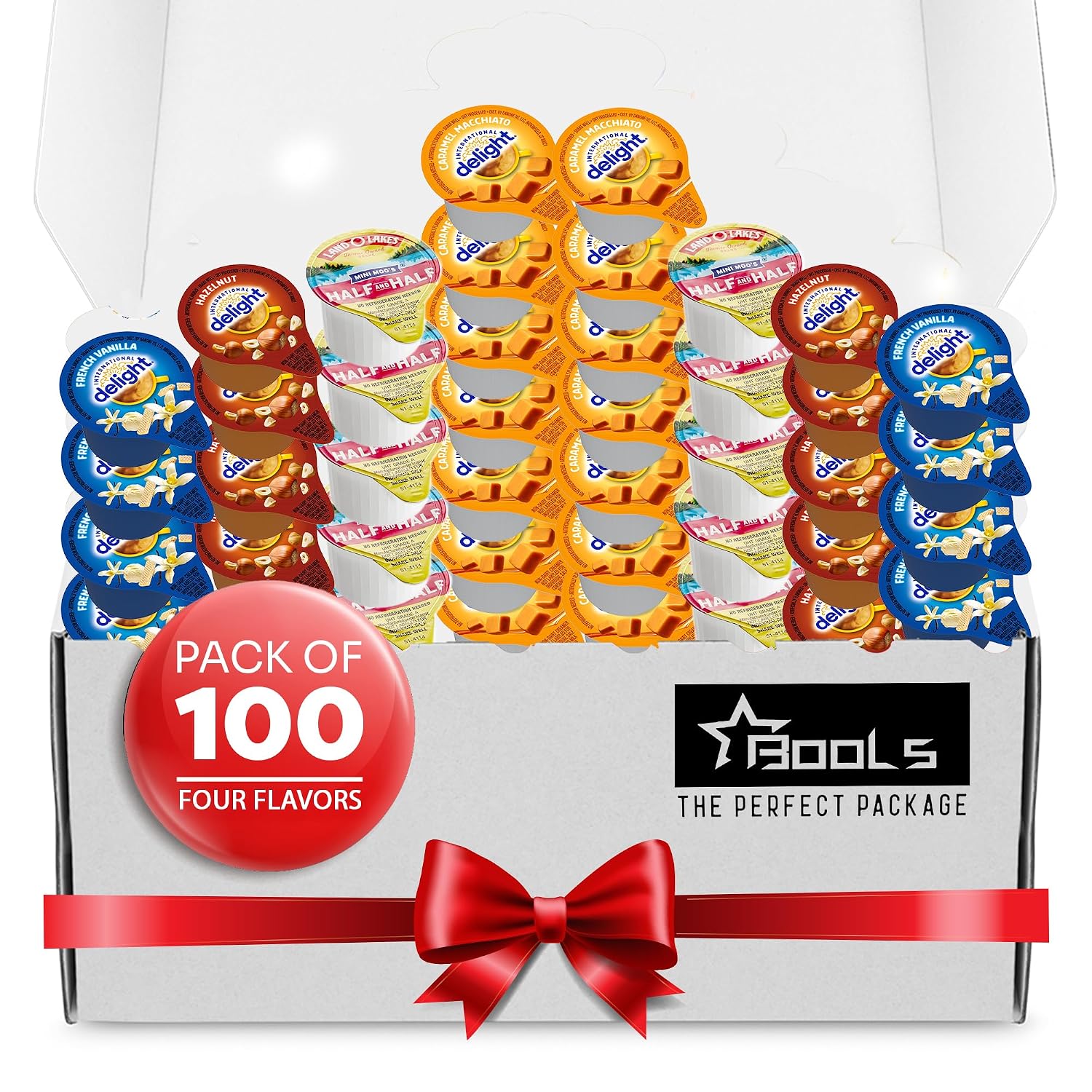Coffee Creamer Singles Variety Pack Packaged by Bools, Intearnational Dealight Mini Coffee Creamer & Mini Moo's 4 Flavor Assortment (100 Pack) for Home, Office, Coffee, Bar, Gift