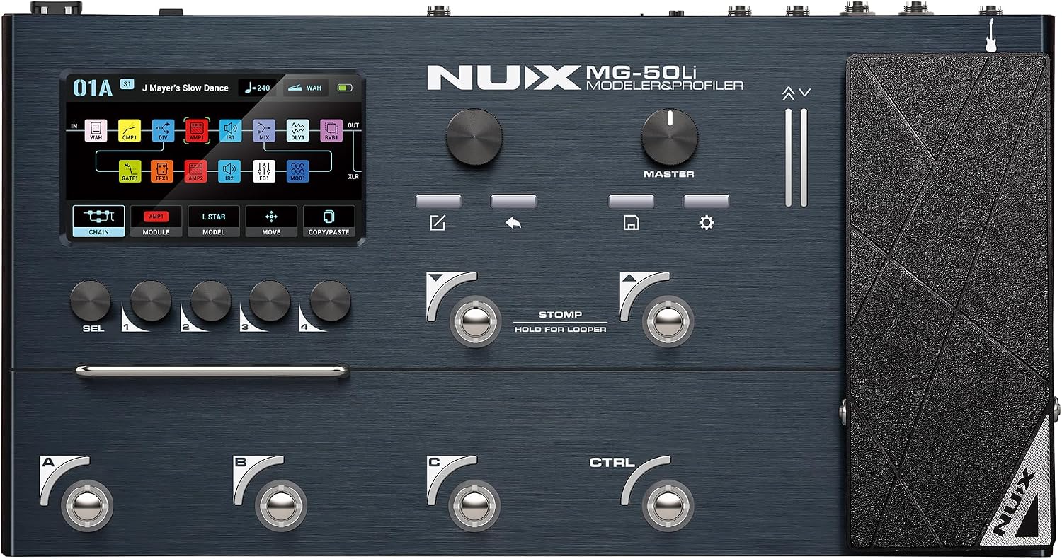 NUX MG-50Li Multi-Effects for Guitar & Bass, 14 Independent Movable Signal Blocks, 5-Hour Battery Life，DeepImage Profiling, Advanced Amp Modeling, Dark Blue