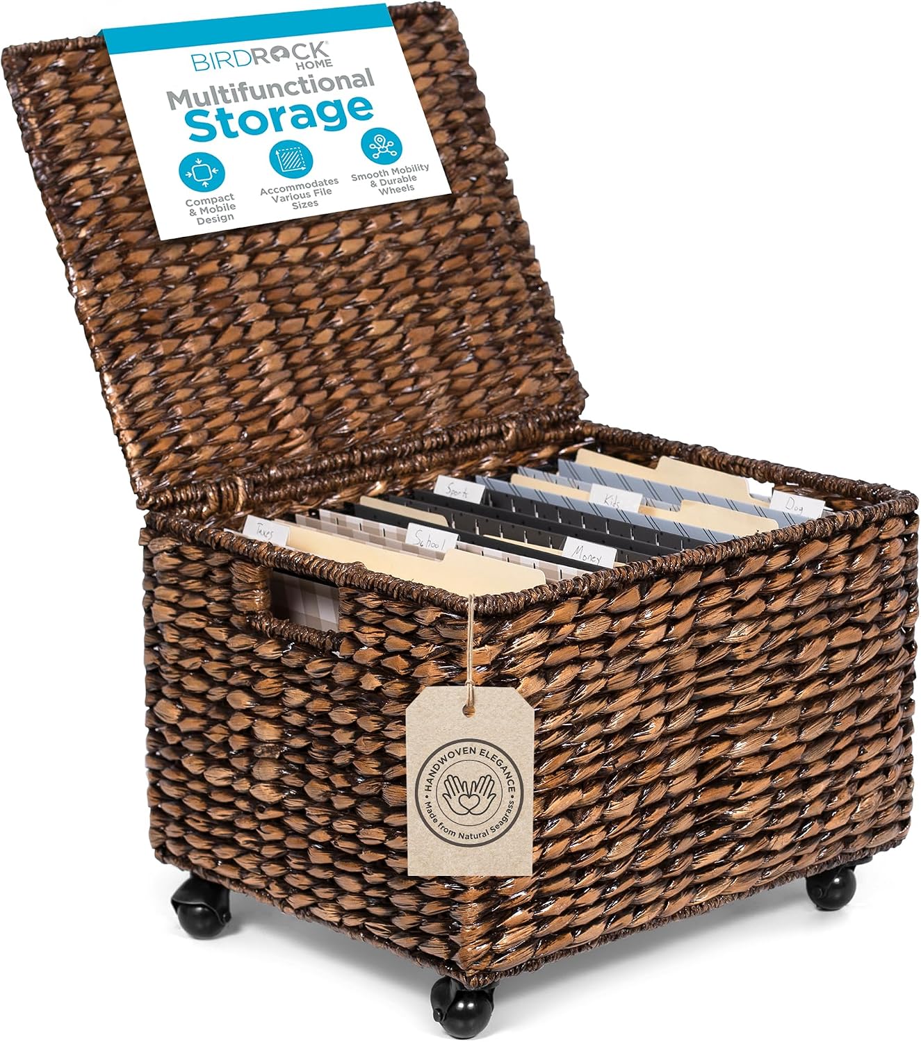 BIRDROCK HOME Rolling File Cabinet with Lid | Small Wooden Under Desk Organizer | Seagrass Basket with Wheels | Portable Home Office Filing System - Mini Decorative Box, Single Drawer, Brown Wash