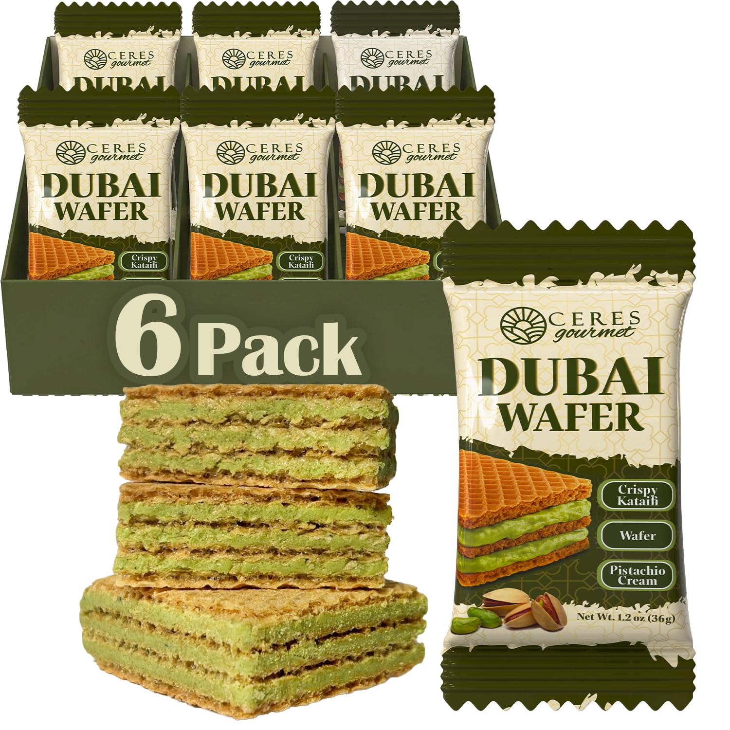 Ceres Gourmet Dubai Pistachio Wafer, 6 Pcs Crispy Kunafa Pistachio Wafer in Individually Pack – Gourmet Dubai Wafers for Christmas, Thanksgiving, and All Special Occasions