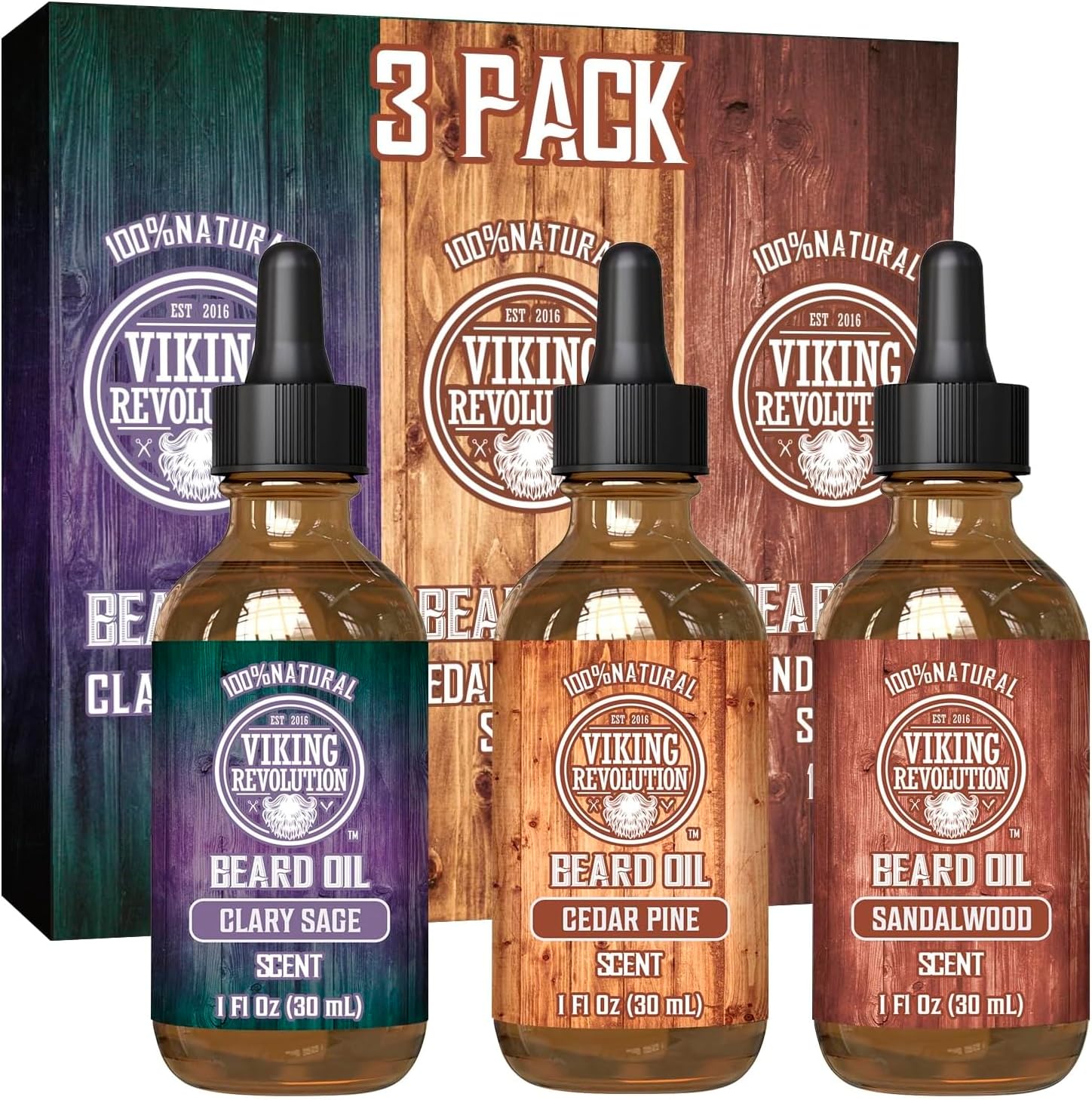 Viking Revolution - Beard Oil - All Natural With Argan & Jojoba Oils - Sandalwood, Cedar Pine, Clary Sage - Softens, Smooths & Strengthens - Gifts For Men - Valentines Gifts for Him - 3 x 30 ml