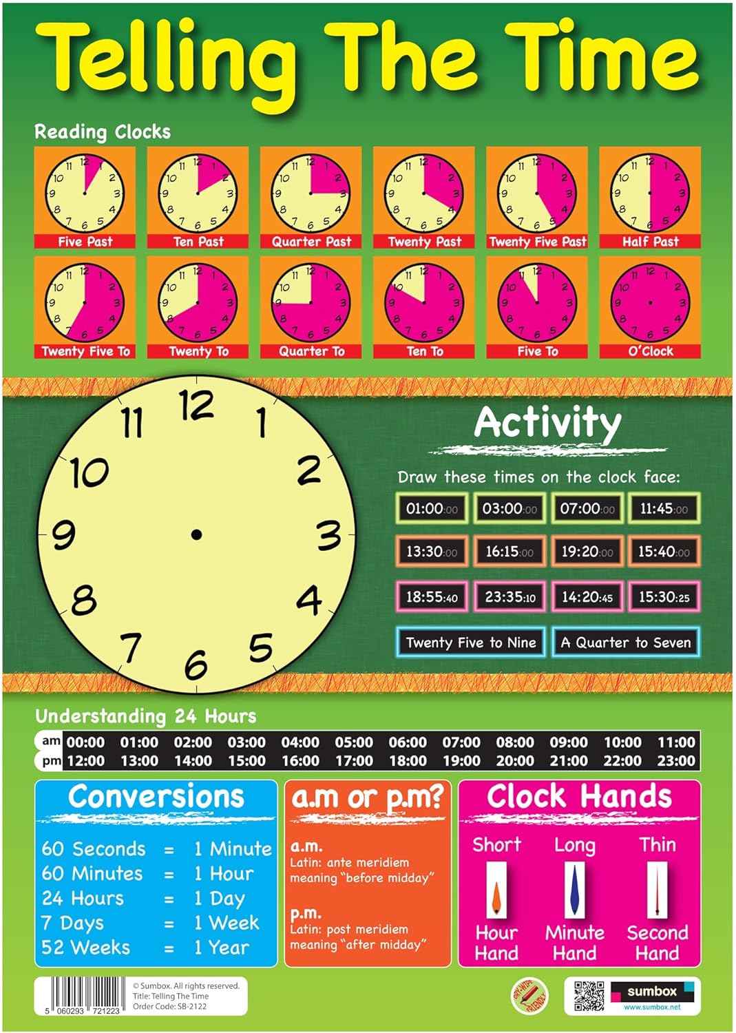 Sumbox A3 Telling the Time Poster – Wipe-Clean Educational Wall Chart for Kids, KS1 Time Learning Activity