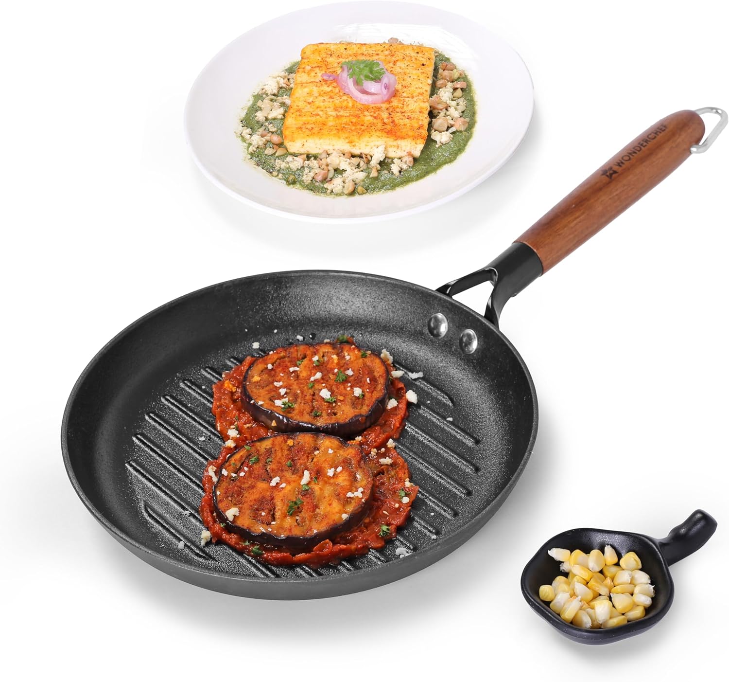 Wonderchef Pre-Seasoned Ferro Light 24cm Grill Pan 2.5MM Acacia Wooden Handles Gravity Moulding Technology No Chemical Coating 10 Year Warranty24 cmBlack