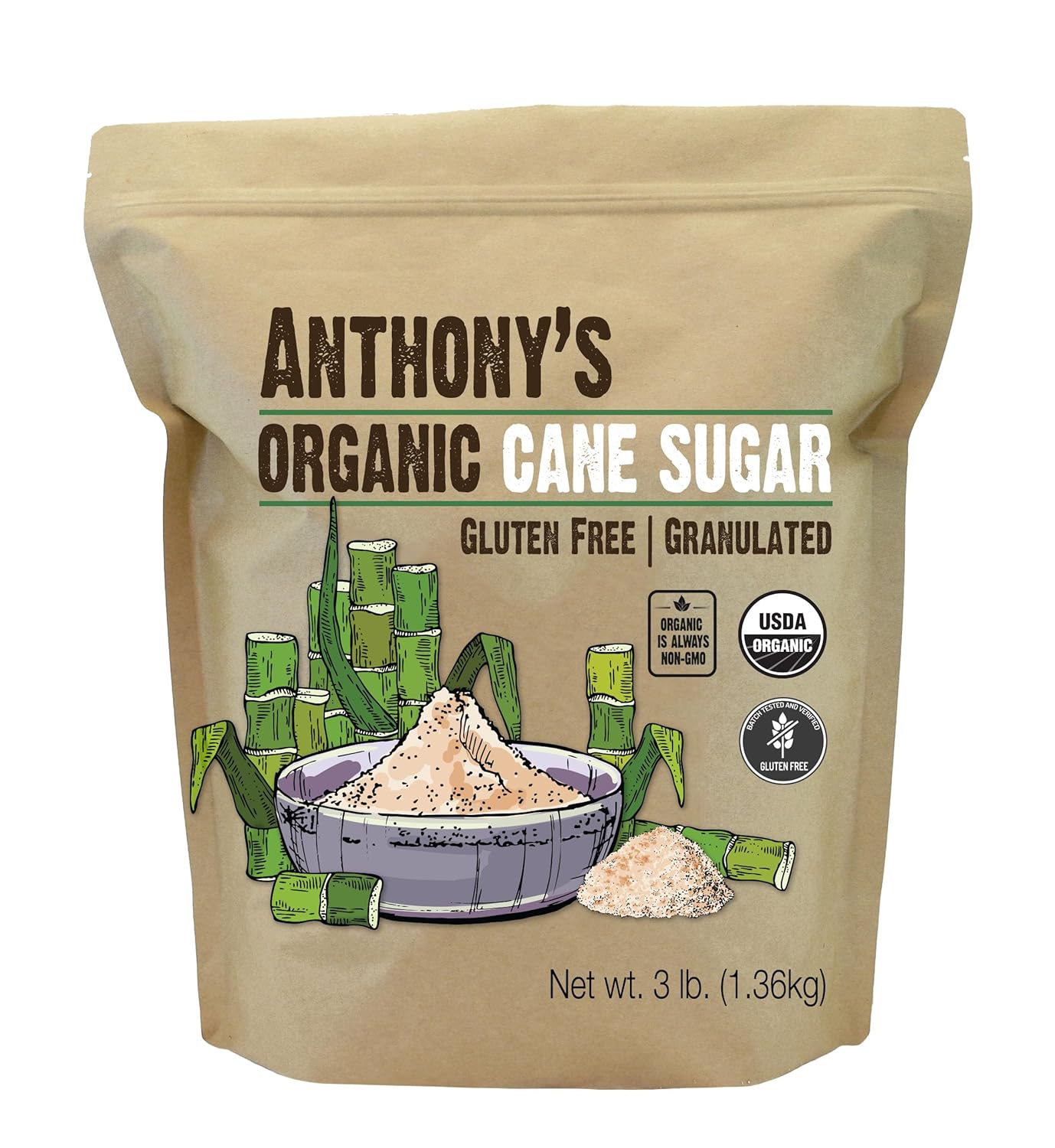 Anthony's Organic Cane Sugar, 3 lb, Granulated, Gluten Free & Non GMO