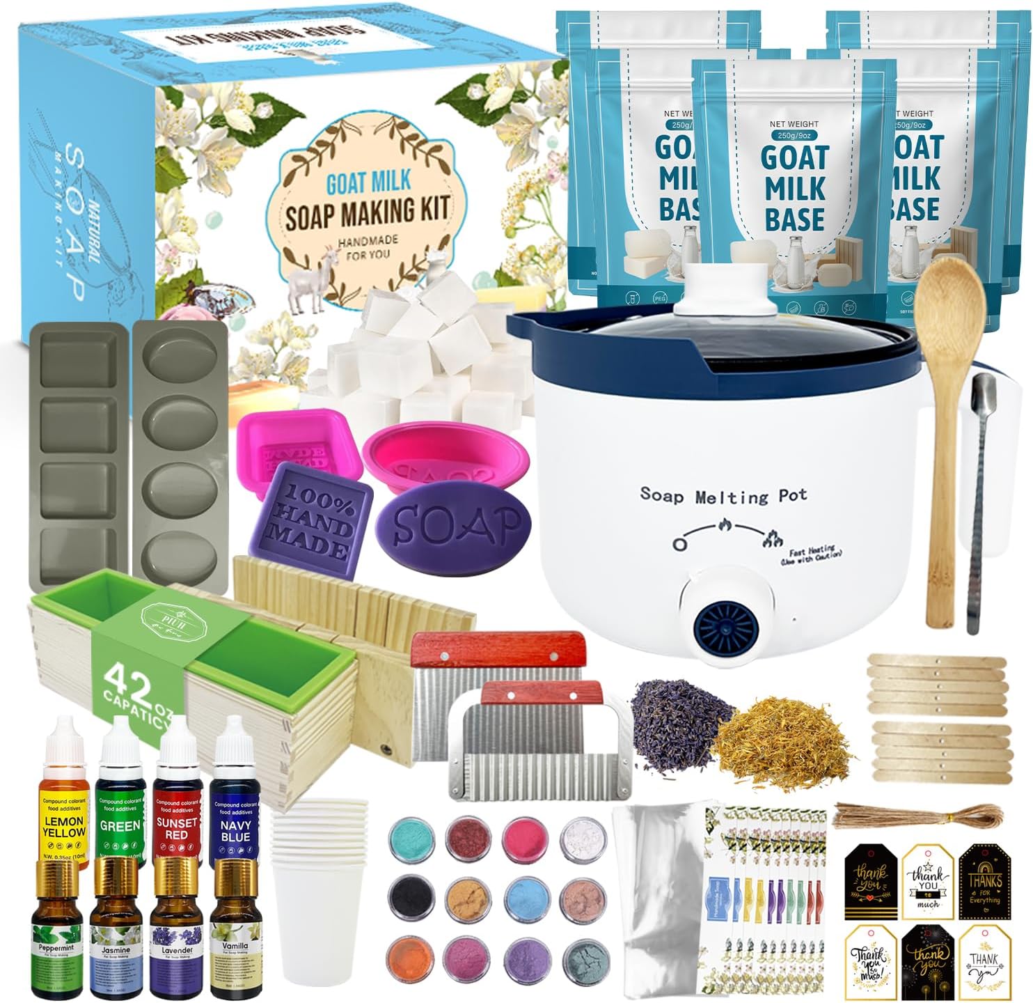 PIUH Premium Goat Milk Soap Making Kit with Soap Melter for Adults DIY Soap | All in One Soap Making Supplies Kit with Natural Goats Milk Soap Base, Soap Melting Pot and Complete Supplies for Making Soap