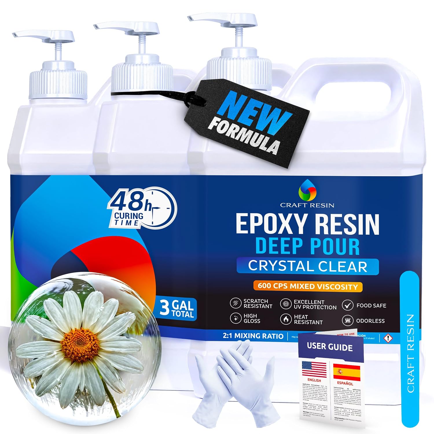 Craft Resin Deep Pour Epoxy Resin Kit, 2” Pours, Crystal Clear, 3 Gallon