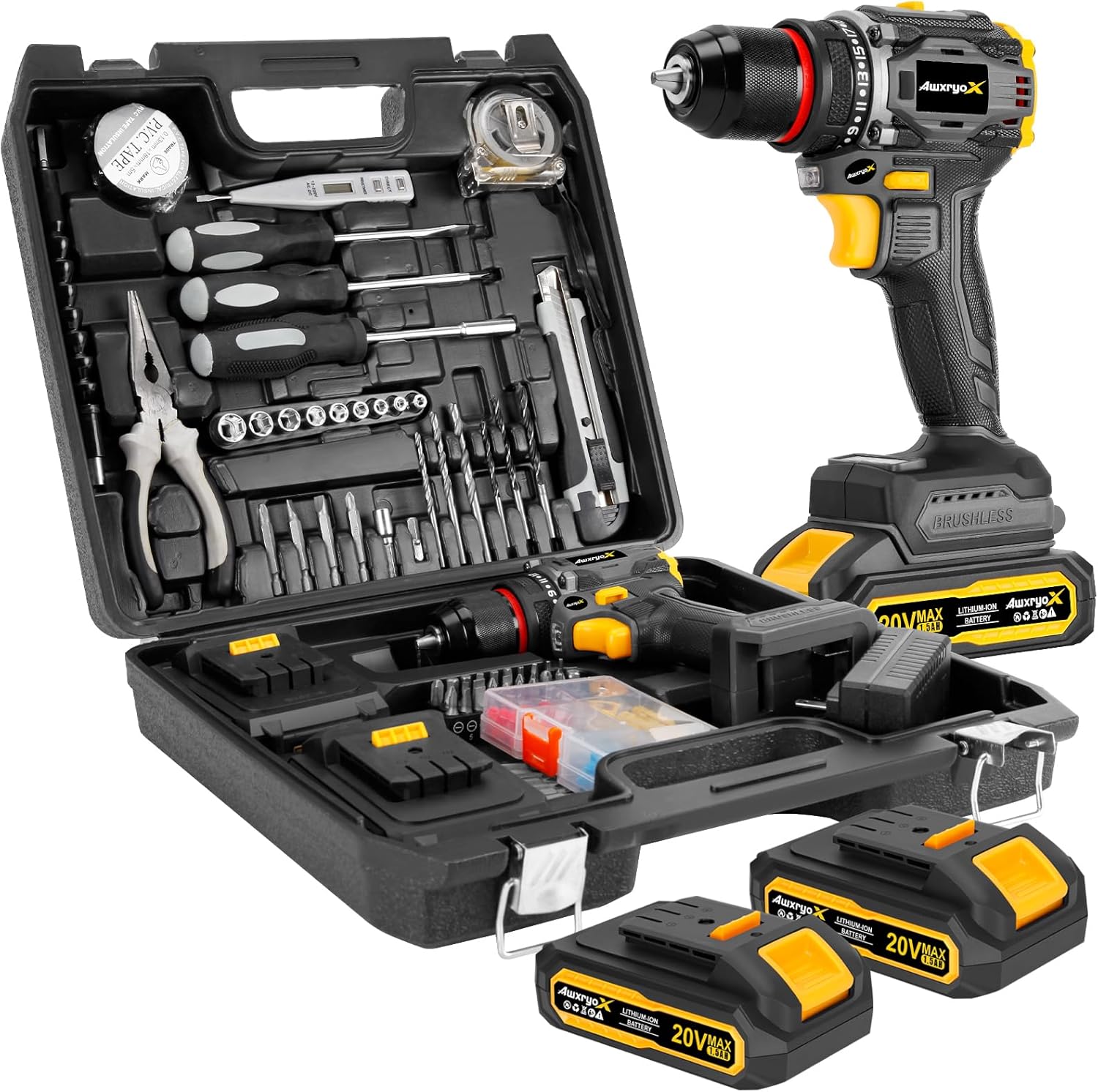 Brushless Compact Drill Tool Set, 60N.m 20V Cordless Drill Tool Box with 2 Battery, 135Pcs Man Household Combo Set with DIY Hand Taladros Kits, 531 In-lb Kit with Drill for Daily Home Repair