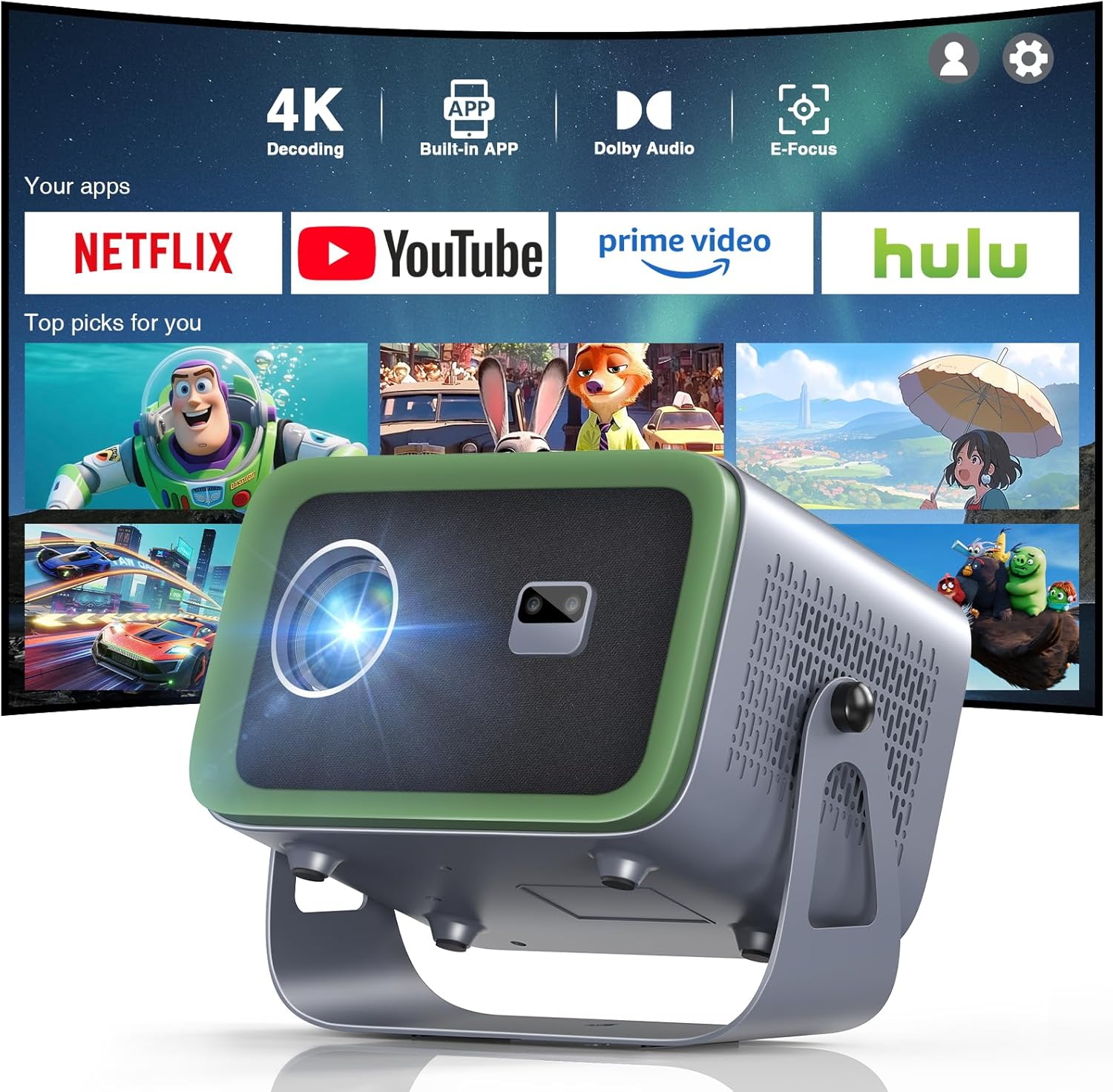 [Netflix Compatible & Dolby Audio] TMY Smart Projector with WiFi and Bluetooth, Real 4K Support Outdoor Movie Projector, Auto Keystone & 360° Rotatable Stand Portable projector for Indoor and Outdoor