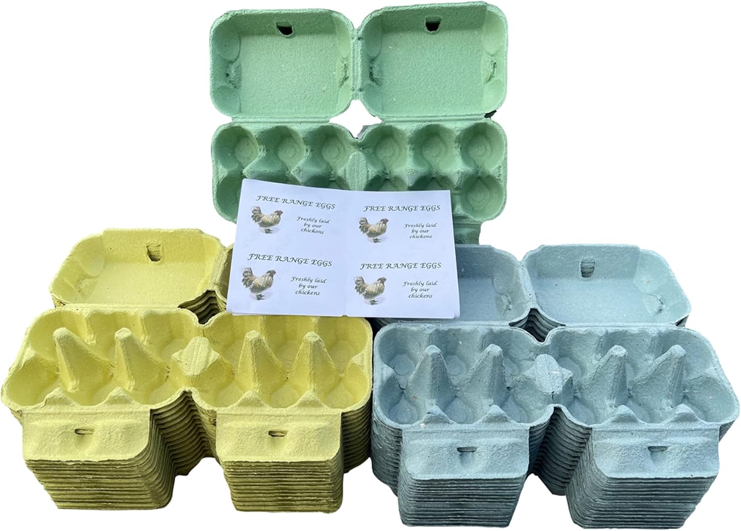 Anglia Farm Supplies - Effect 6 - Blue Yellow Green Colour Egg Carton Boxes 1/2 Dozen with Sheet 8 Labels (30 Mixed Colour)